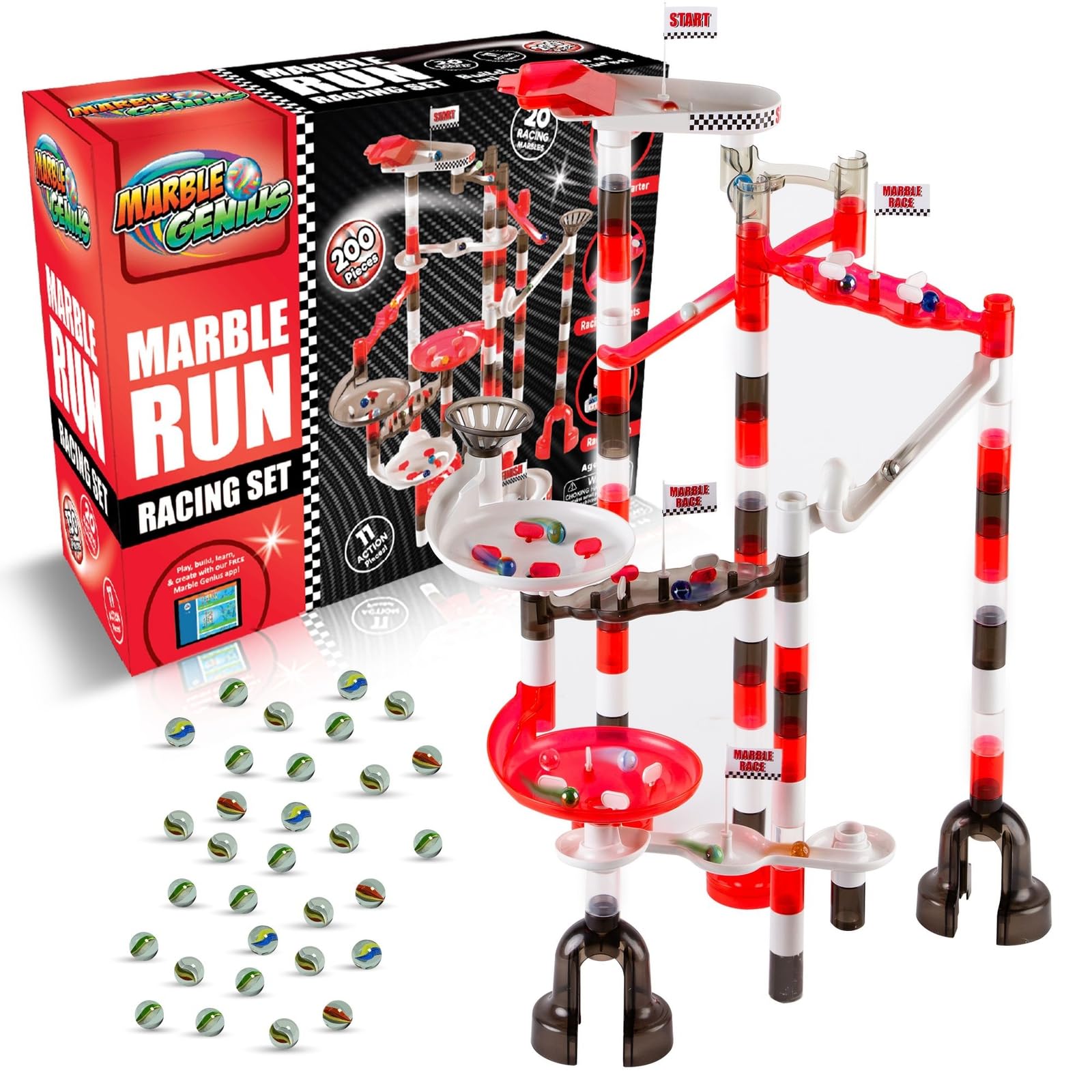 Marble Genius Marble Run Racing Set: 200-Piece Marble Run Racing Set Toys for Kids, Marbles Maze Tower Building Blocks, Marble Race Track Rolling Game, Educational Learning STEM Toy Gift, Racing