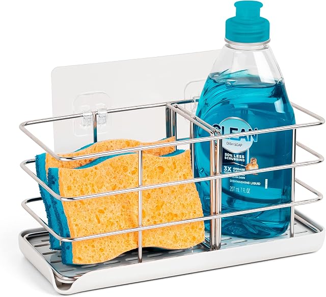 Kitchen Sponge Holder, Kitchen Sink Organiser with Tray Sink Caddy Sink Tidy Stainless Steel Soap Scrubber Brush Organizer No Drilling
