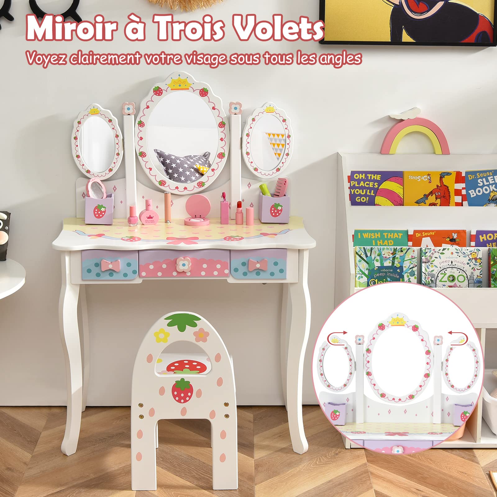 COSTWAY Coiffeuse pour Enfants de 3+ Ans, Ensemble Coiffeuse et Chaise avec Miroir Pliable à Trois Volets, 3 Tiroirs et 2 Boîte de Rangement, 70 x 34 x 105 cm, Rose…