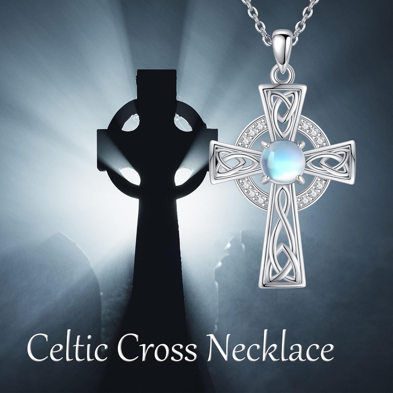 Celtic Cross Necklace 925 Sterling Silver Moonstone Celtic Knot Pendant Necklace Irish Celtic Jewelry Birthday Gifts for Women Mother - Image 6