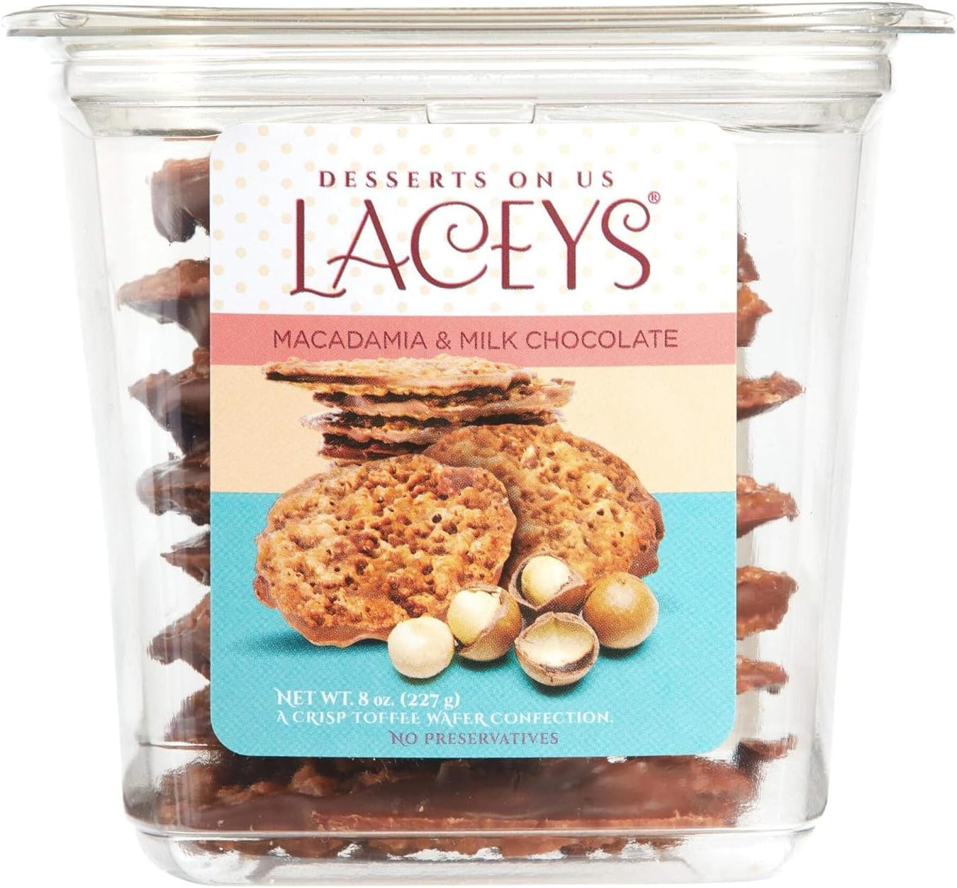 Laceys Gourmet Cookies | Light and Crispy Delicious Cookies | Handcrafted by Desserts On Us (8 Ounce Tub, Macadamia & Milk Chocolate)