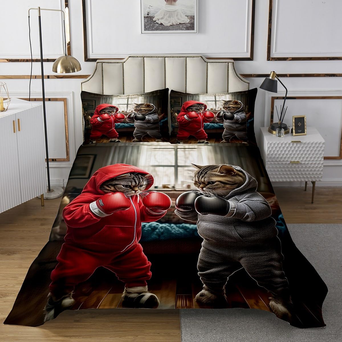 Manfei Boxing Cat Kids Bedspread Twin Size,Cute Animal Cartoon Pet Coverlet Set,Boys Girls Room Decor,Extreme Competitive Sports Games Fashion Quilted Coverlet,Red Black Bedding Quilt,1 Pillowcase