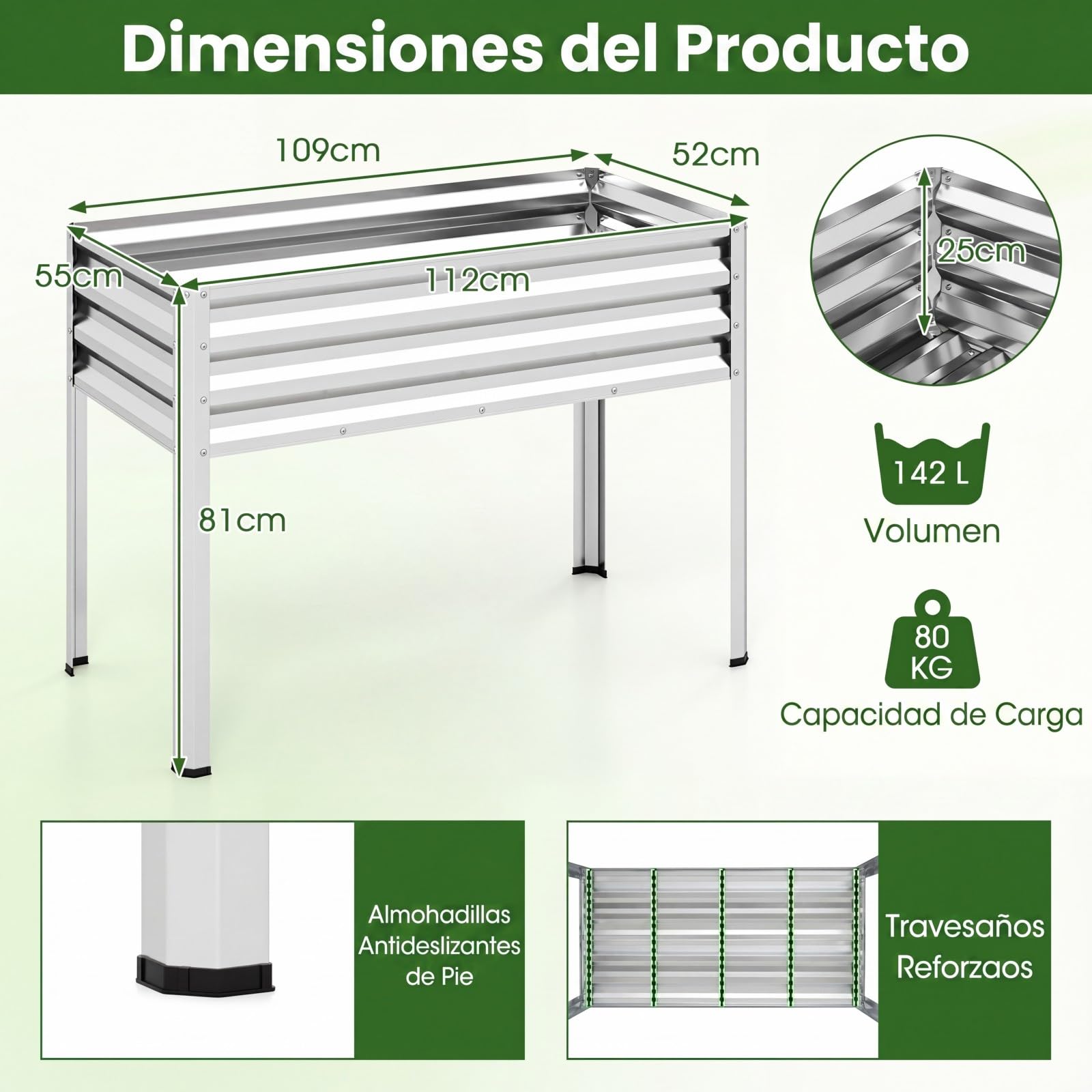 COSTWAY Huerto Urbano Terraza, Cama Elevada de Jardín de Metal con Recubrimiento Electroforético y Orificios de Drenaje, Jardinera Exterior Grande para Verdura, Flor, Fruta, 112x55x81 cm (Plateado)
