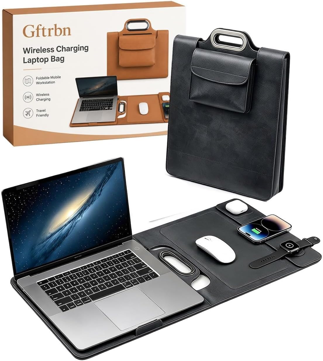 Wireless Charging Laptop Bag Sleeve PU Leather with Ergonomic Stand Lap