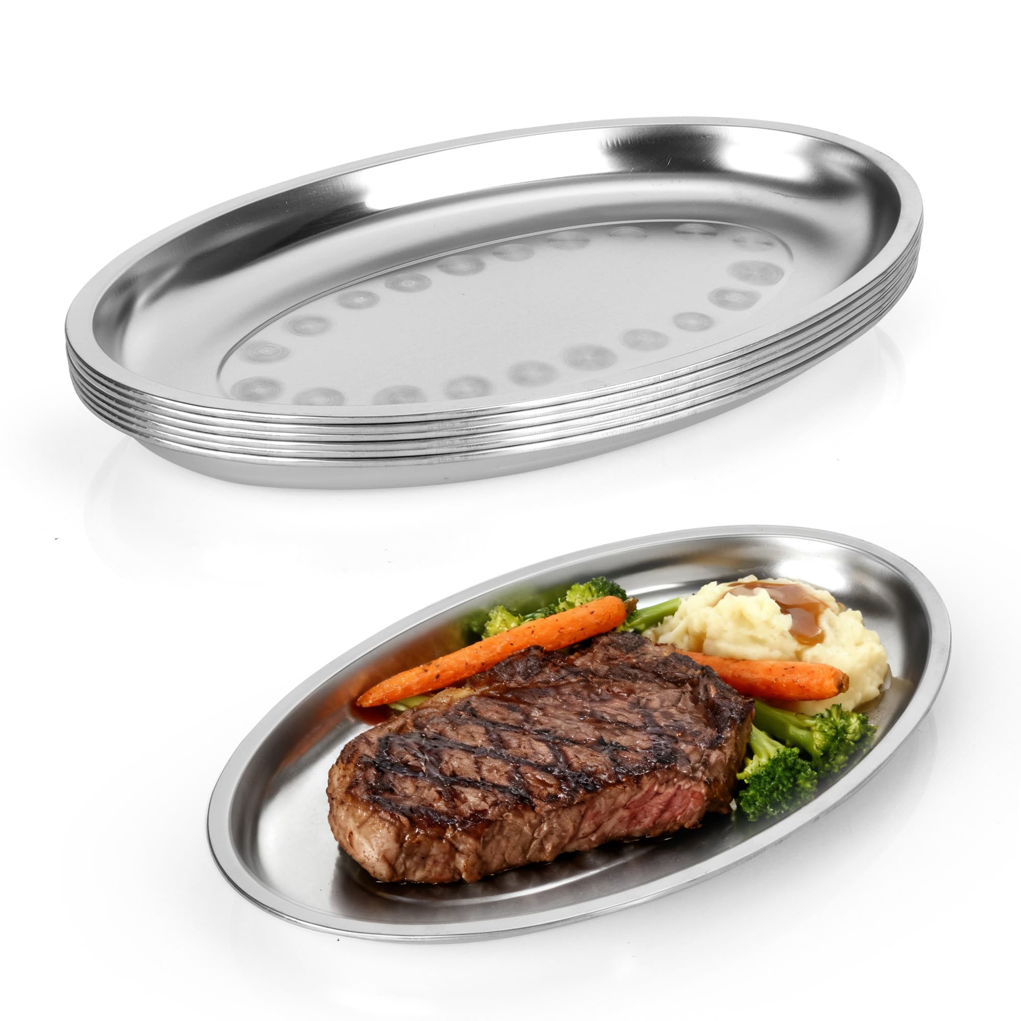 Axincardarm 6 Pcs Stainless Steel Oval Platter Silvery Dinner Trays, Metal Serving Dish for Dessert Snack Steaming Fish Dinner, 34.2 x 21.5 x 2.5cm