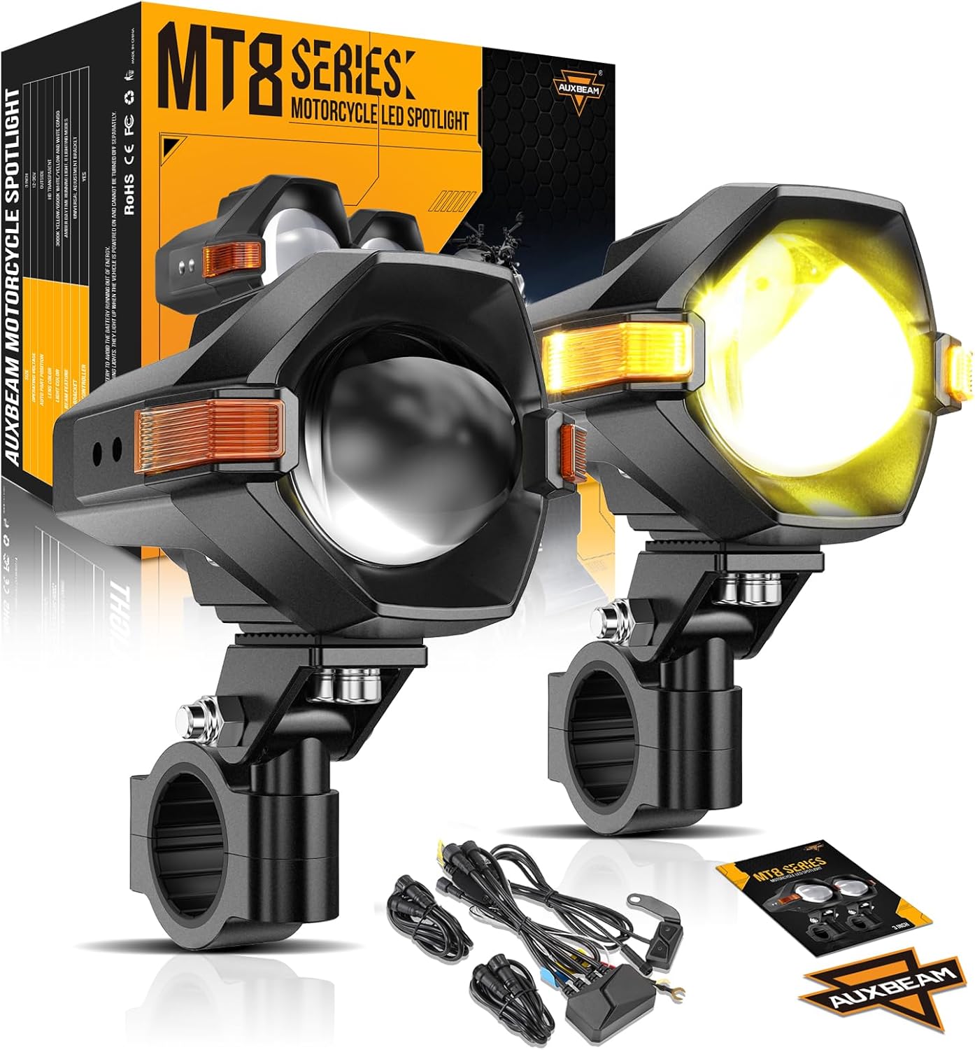 Auxbeam MT8 3-Inch 120W LED Motorcycle Fog Lights - 8 Modes White/Amber Strobe Dual Color Spotlights for ATV UTV Trucks (2PCS)