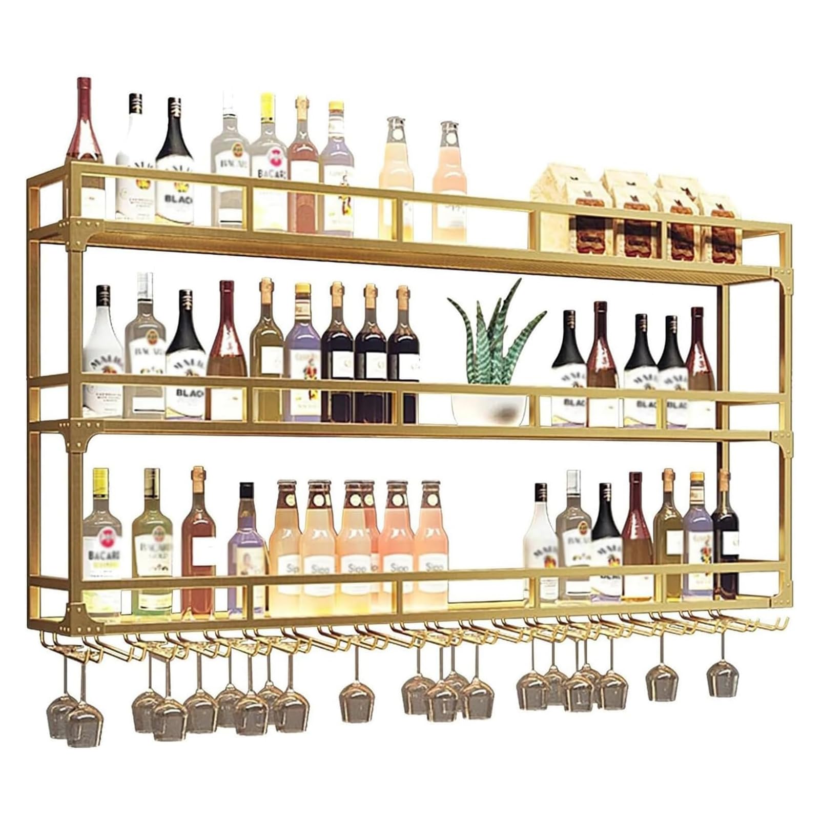 Generico Portabottiglie da Parete Moderno con Luce LED, portabottiglie Industriale a 3 Ripiani con portabicchieri, Mobile Bar Multifunzionale per la casa (120 x 89 x 25 cm)