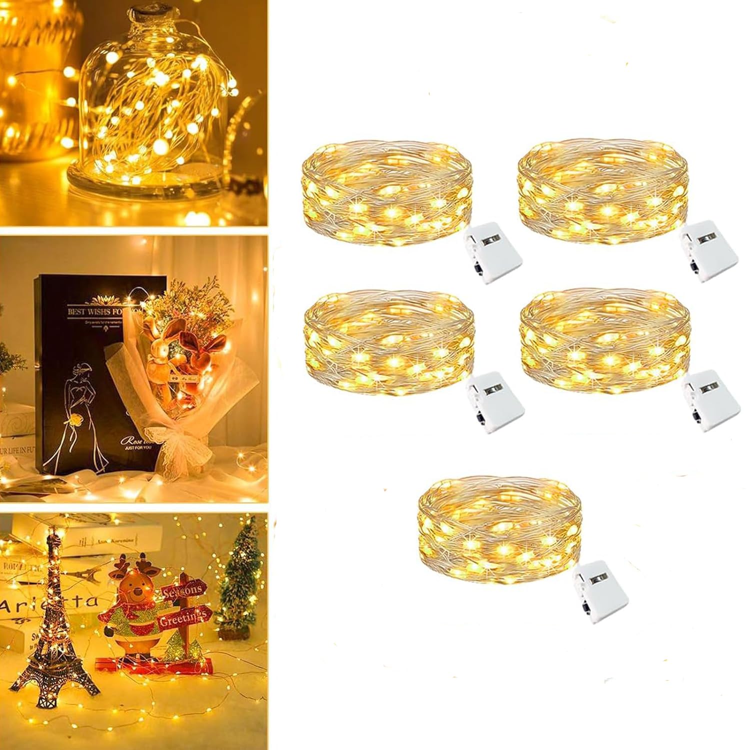Ding Yongliang Batería de luces de hadas LED - 5 piezas 2M 20LEDs Mini luces de hadas con batería, iluminación LED con pilas Decoración para botella, árbol de Navidad Boda Balcón Decoración de fiesta