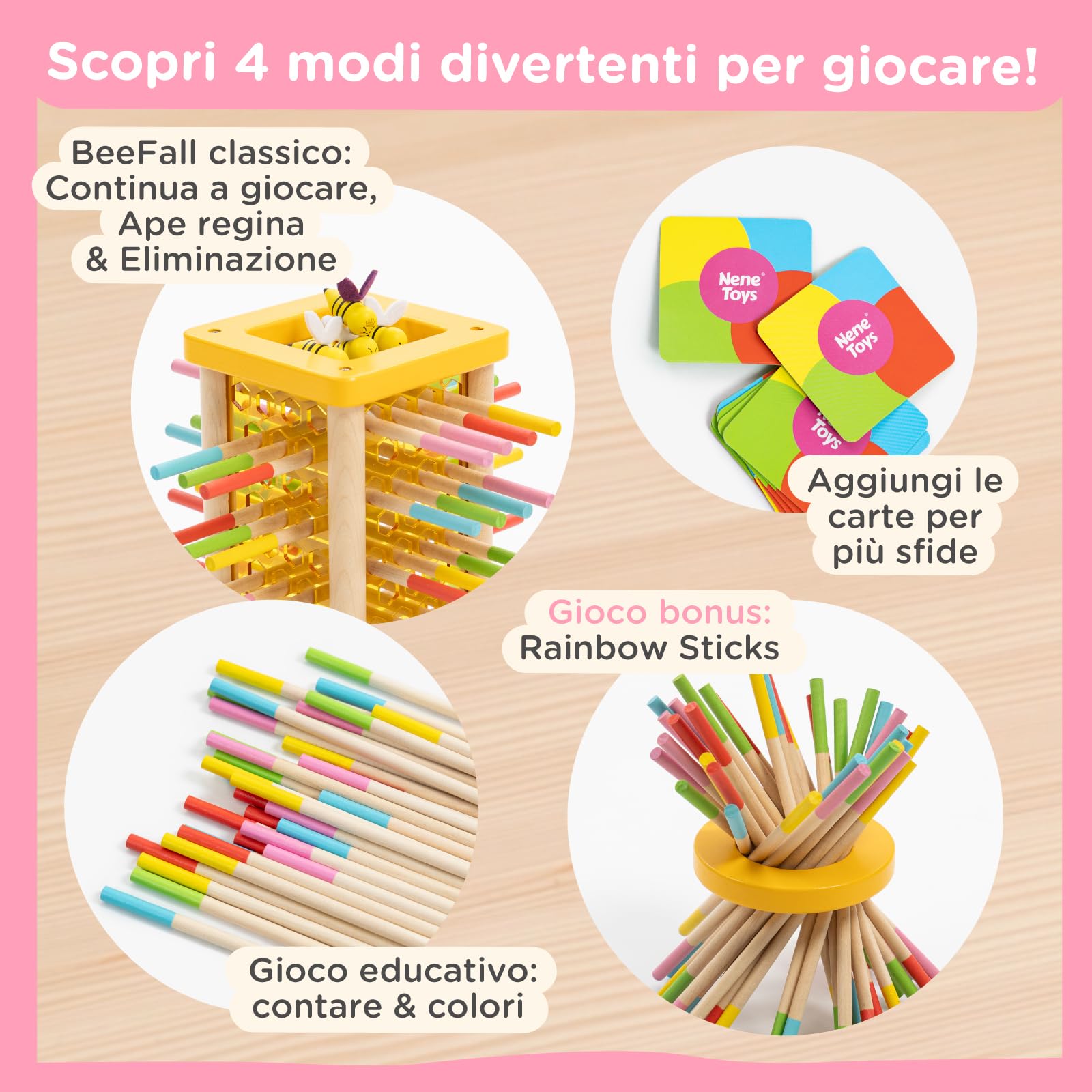 Nene Toys BEEFALL Gioco da Tavolo e di Società Bambini 3 Anni – Torre di Equilibrio in Legno FSC con Api, Bastoncini, Dado e Carte Azione – 4 in 1 (3 modalità + Rainbow Sticks) Montessori