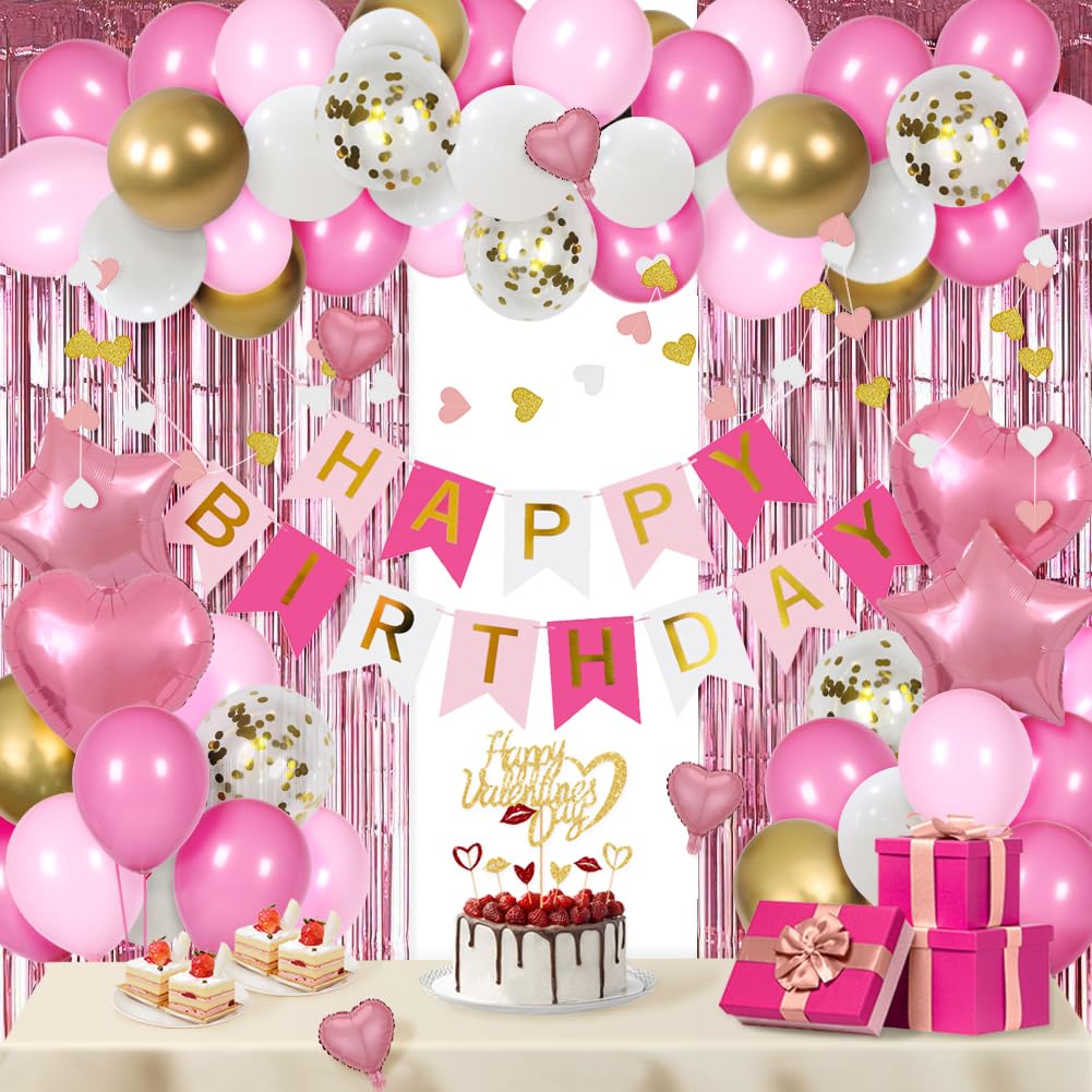 MSMANCY Pink Birthday Decorations for Women with Happy Bithday Banner, Curtains, Heart Star Balloons for 16th 18th 21st 30th 40th 50th 60th Birthday(