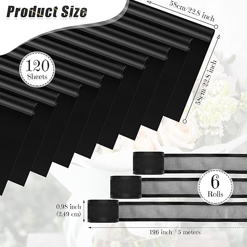 Miniatura 2 de Sabary 120 hojas de papel de regalo de flores impermeables, papel de embalaje de ramo floral negro con 6 rollos de cinta negra de 196 pulgadas,