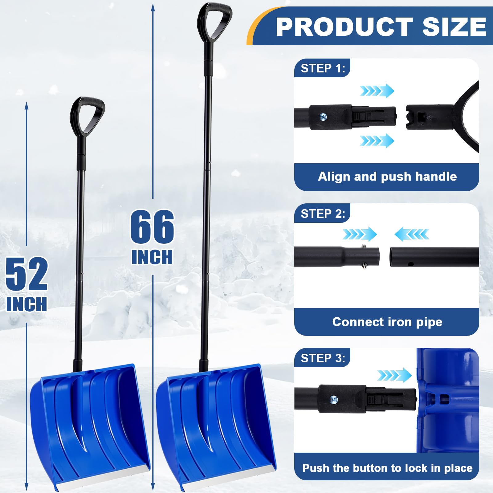 Therwen Pelle à neige pour allée avec bande d'aluminium, 132 à 167 cm, longueur réglable, amovible, grande pelle à neige avec poignée en D, outil de pelle portable pour la maison, le garage, le jardin