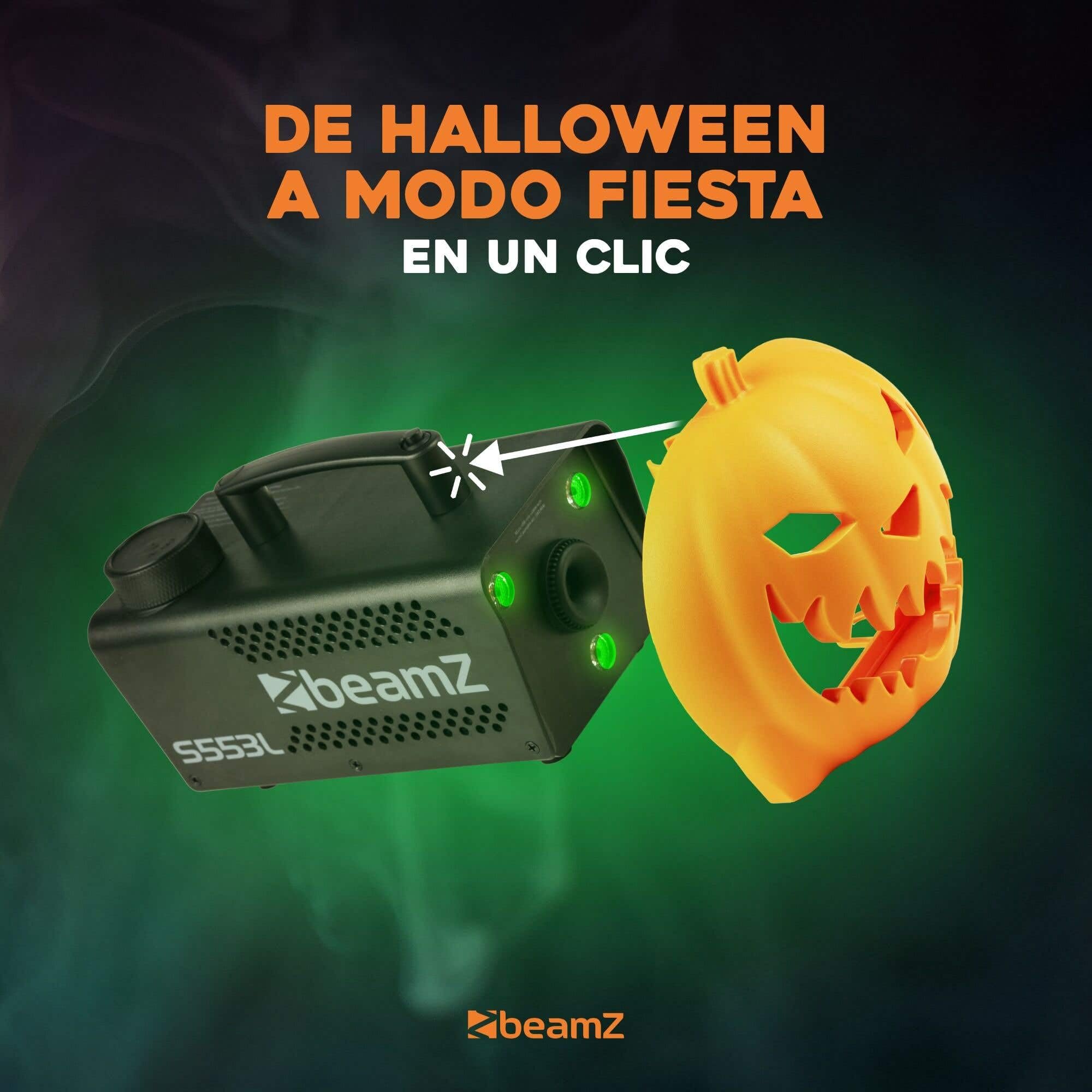 BeamZ S553L Nebelmaschine Halloween Deko mit LED Kürbis Kopf - 550 Watt Rauchmaschine mit 5L Flüssigkeit, 2-in-1 mit Halloween Kürbis Deko, 16 Farben Lichteffekt, Soundeffekt Nebelmaschine Mini