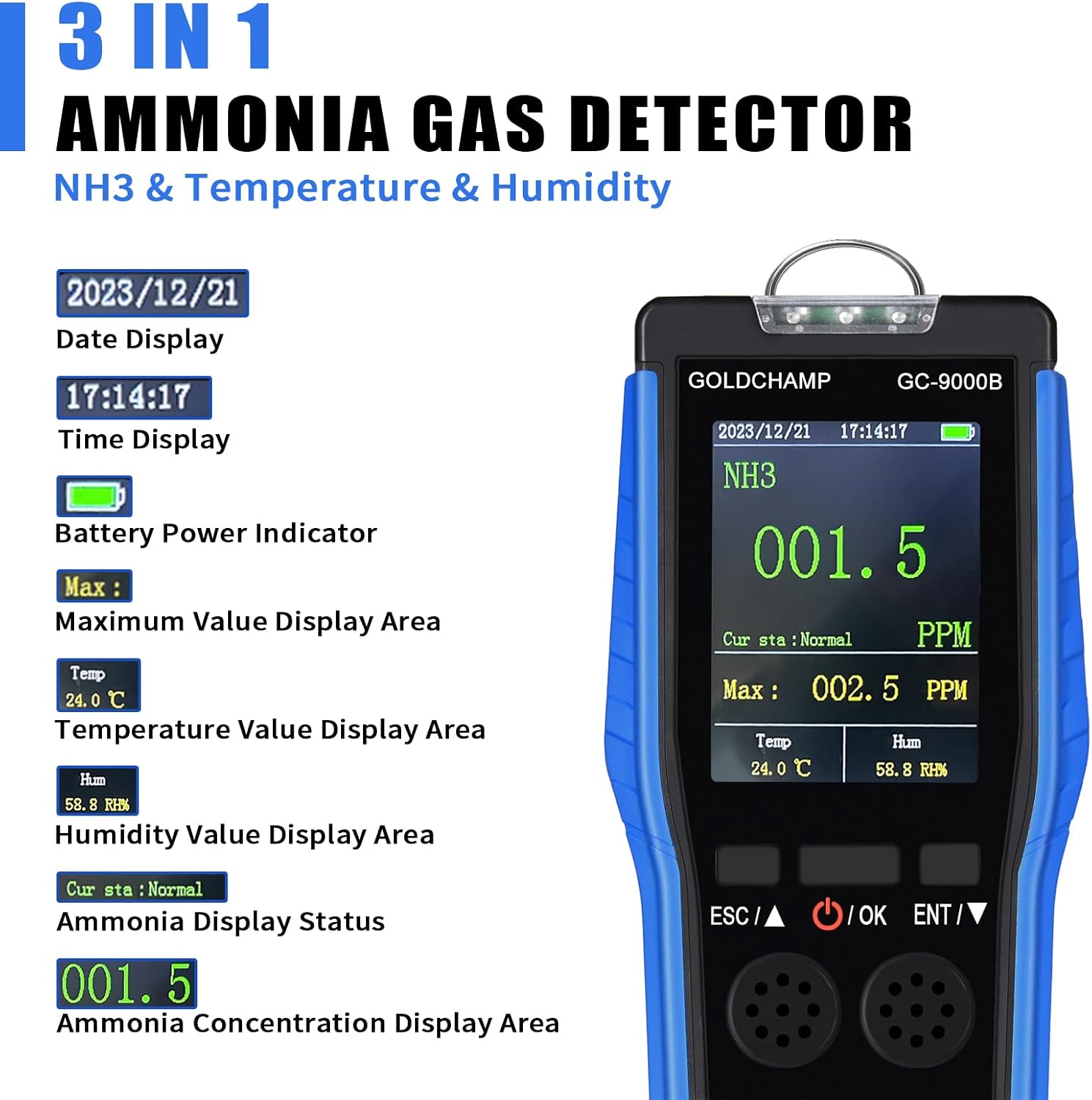 GOLDCHAMP GC-9000B Ammonia Gas Detector display layout