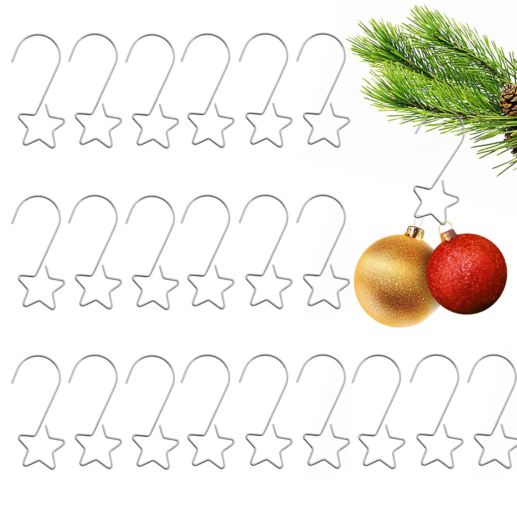 Kieswan Silver Pack Of 60 Star Shaped Bauble Hangers For Christmas Tree Ornaments