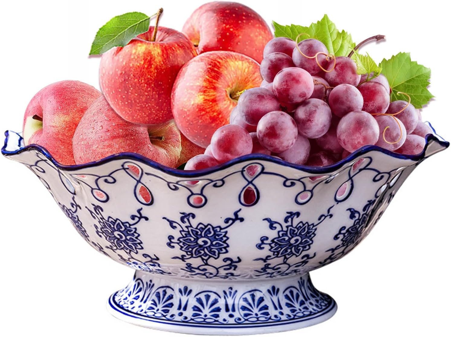 Ceramic Fruit Bowl Fruit Serving Plate Blue and White Porcelain Decoration Bowl with Foot for Living Dining Drawing Room, 24 * 10cm