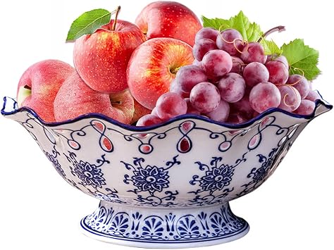 Blue White Ceramic Fruit Bowl, 24x10cm Porcelain Serving Plate for Home Decor