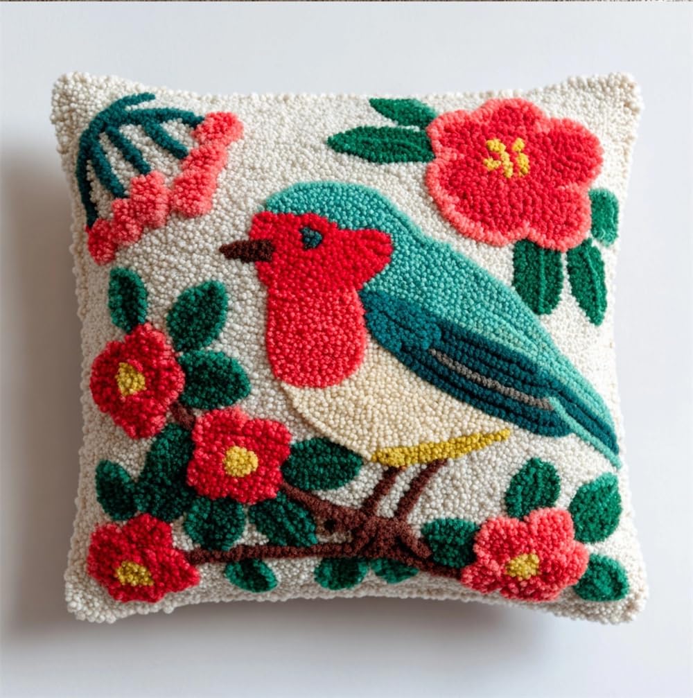 kitphoenix Latch Hook Cushion Kits for Adults Beginners Robin and Flowers
