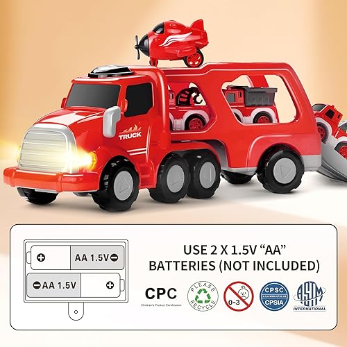 Miniatura 8 de Camión de bomberos de juguete para niños de 3, 4, 5, 6, 7 años, 8 en 1, vehículo portador de automóviles de bomberos para niños de 3 a 5 años, coche