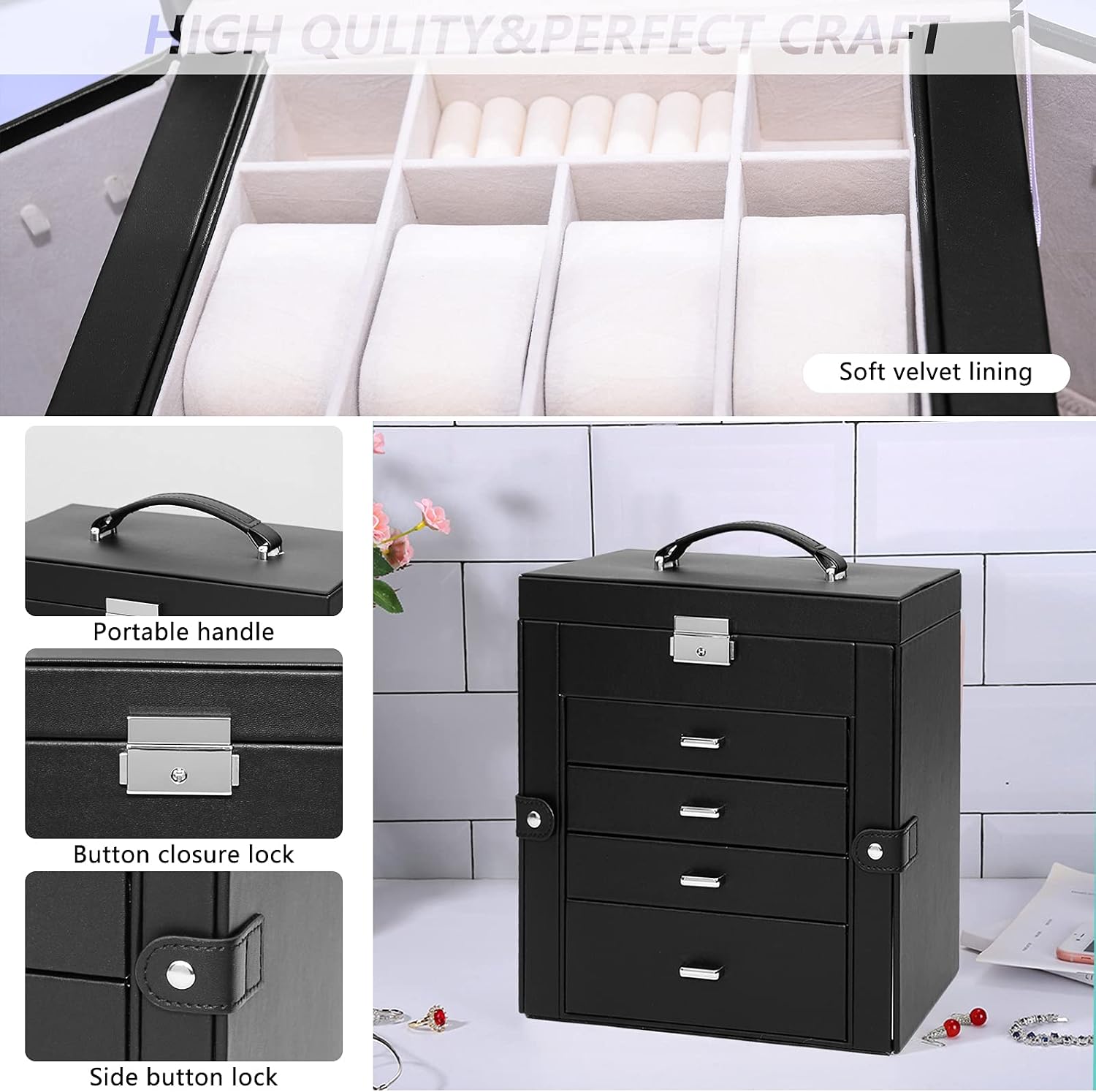Hоttеѕt Sаlеѕ OUUTMEE Artificial ​Leather Jewelry box Organizer for Women Girls, 4-layer Jewel Cabinet Gift Case Mirrored Watch Organizer Necklace Ring Earring Storage (black)