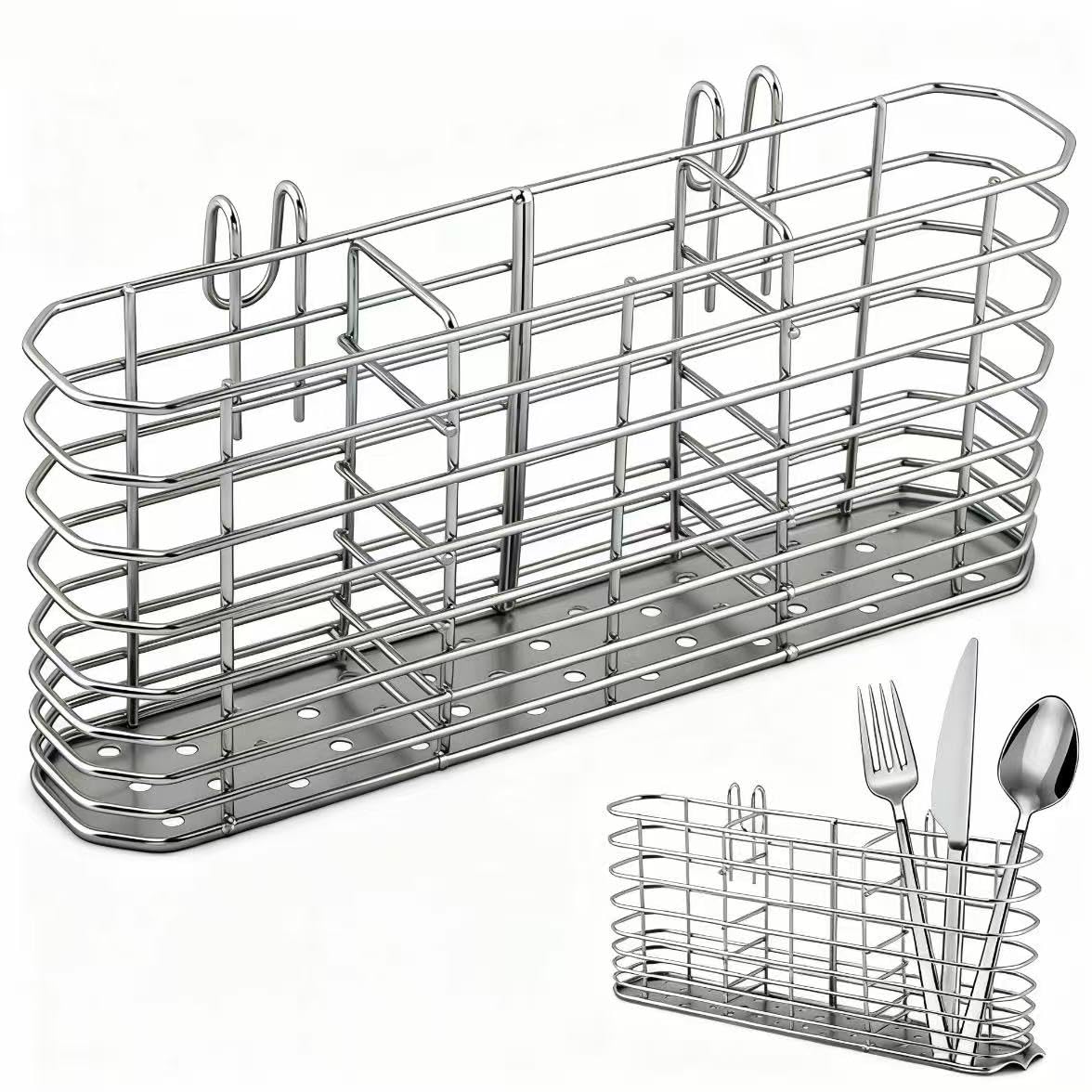 Soporte para utensilios de acero inoxidable 304, escurridor de platos con ganchos, soporte para utensilios para fregadero, cuchillo y tenedor, accesorios de cesta de drenaje de cocina (plateado