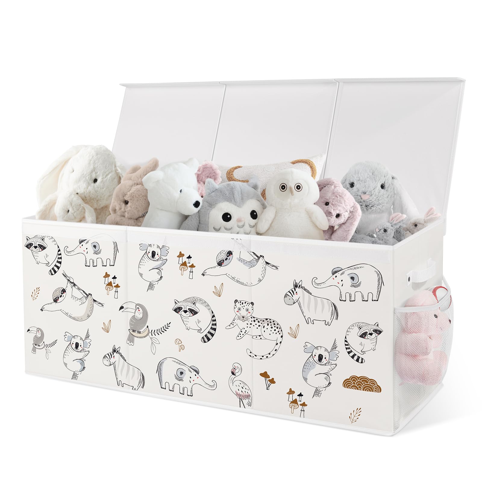 Coffre a Jouet Pliable avec Couvercle, 96 x 32 x 40 cm Rangement Jouet Enfant avec Poignées pour Jouets, Vêtements, Livres, Armoire - Animaux Dessinés au Trait