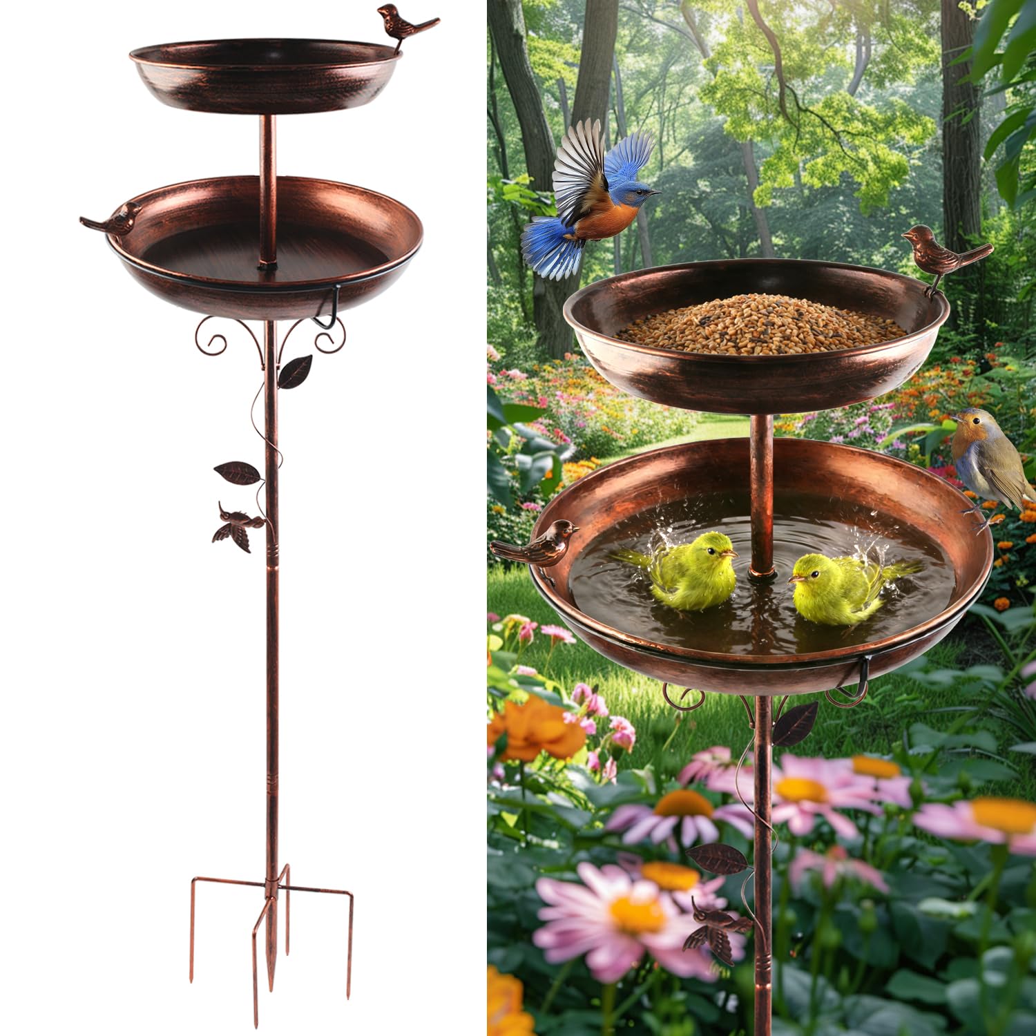 Abbeveratoio per uccelli in metallo 117 cm vintage decorazione foglie per giardino