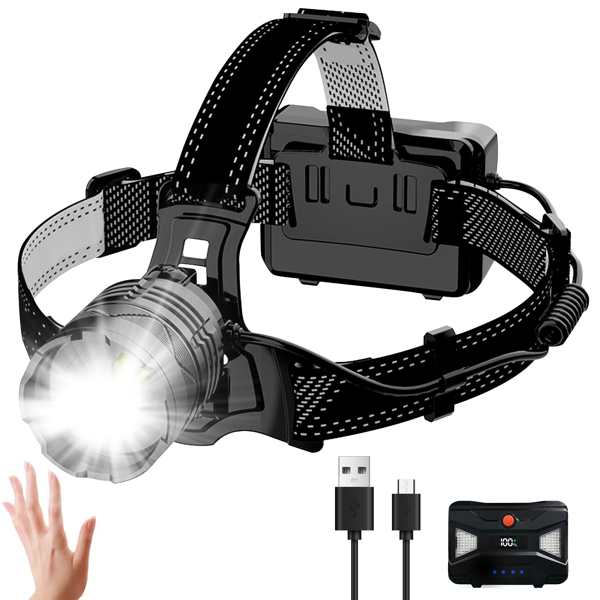 Rechargeable Headlamp, 100,000LM Bright HeadLamp, 40H Runtime Weatherproof LED Headlight, 90° Adjustable Zoom Headlights for Forehead, Hiking Camping Headlamps for Adults