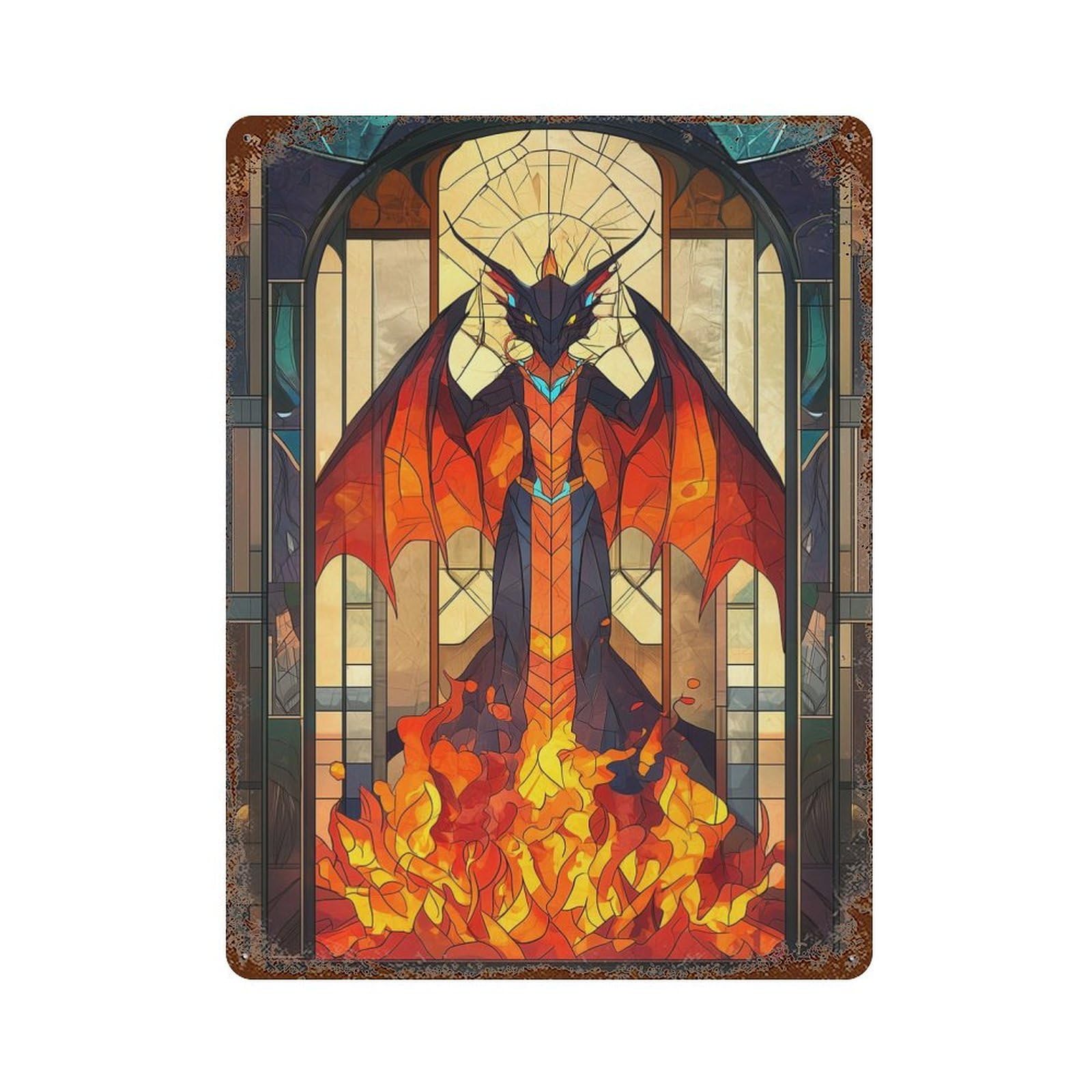 Fire Dragon Stained Glass 15.7"x11.8" Aged Metal Wall Plaque, Classic Wall Plaque for Pub, Kitchen And Man Cave Decor