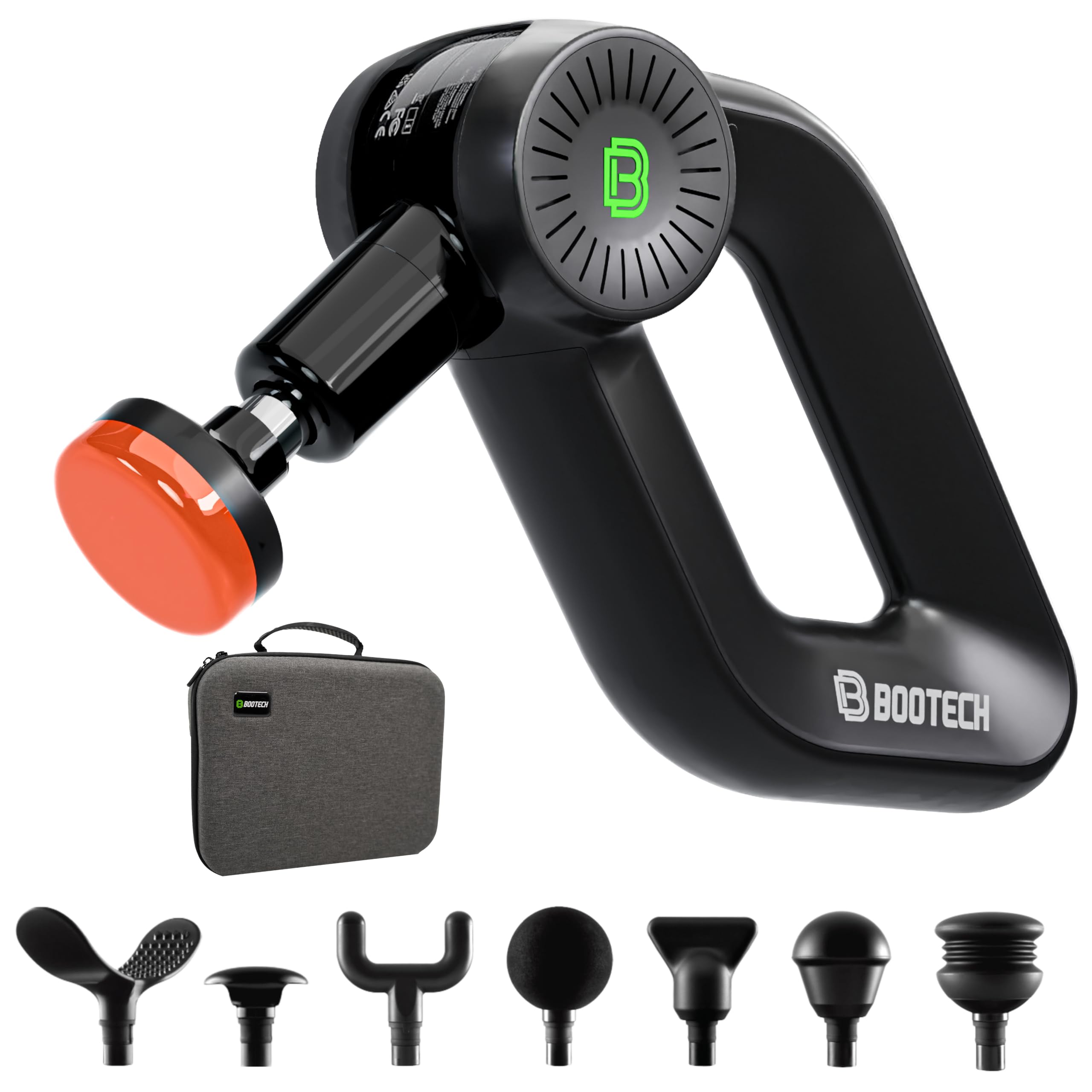 Bootech Pistola de Masaje Muscular con Calor, Masajeador Profesional de Tejido Profundo 16mm, Massage Gun para Atletas con 8 Cabezales, Alivio del Dolor Muscular