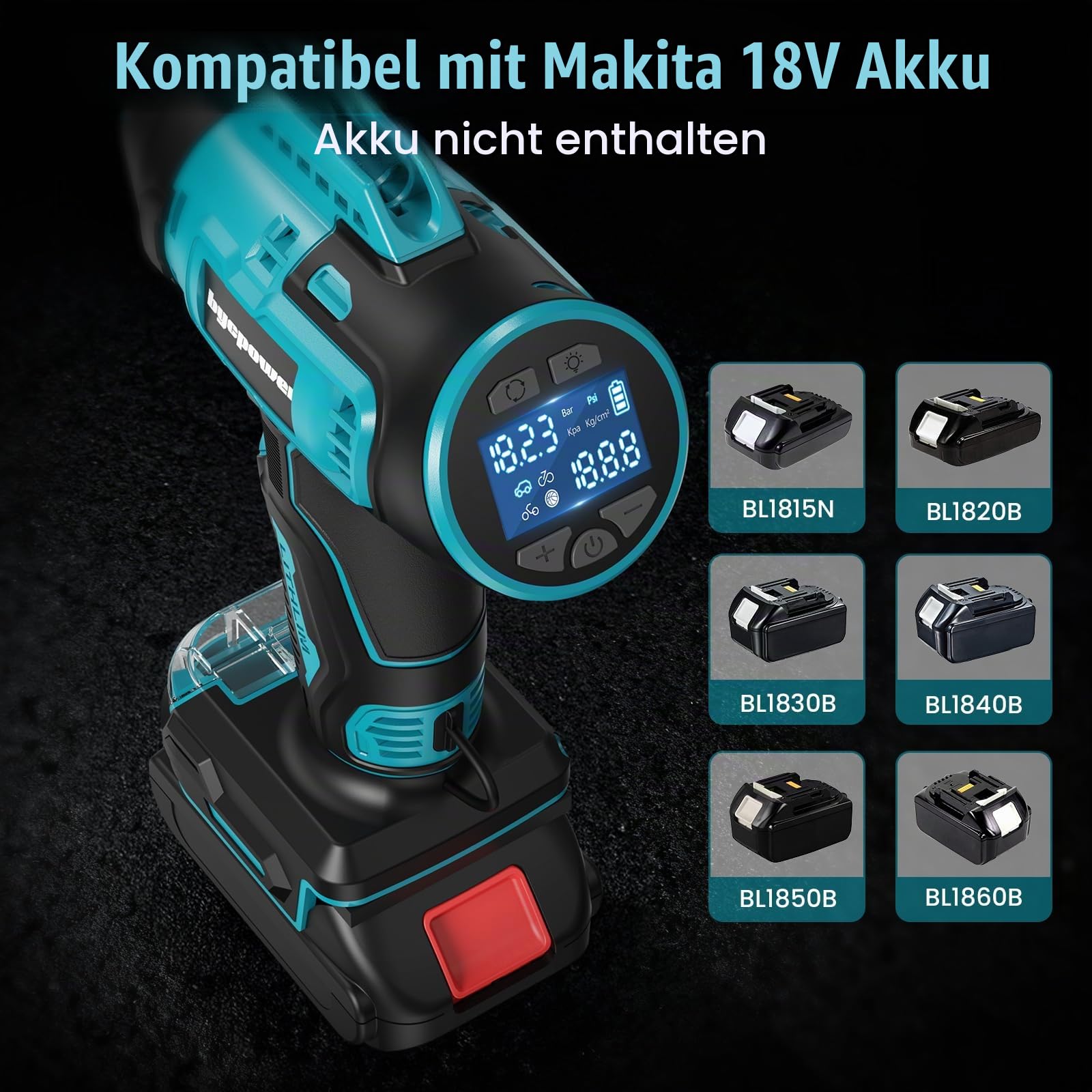 Akku Kompressor für Makita 18V Akku, 11bar 160PSI Autoreifen Luftpumpe | Tragbare Luftkompressor mit LCD-Display-Manometer, mit 12V Autostromkabel für Auto, Motorrad, Fahrrad, Ball(Ohne Akku)