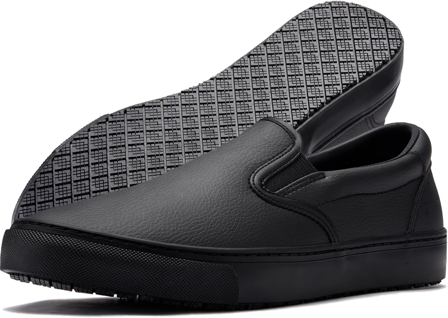 Non-Slip Work Shoes for Men, Leather Slip-on Slip-Resistant (Oil & Water) Sneakers for Food Service, Restaurant Server Shoes, Black Comfortable Casual Stain Resistant Chef Kitchen Shoes
