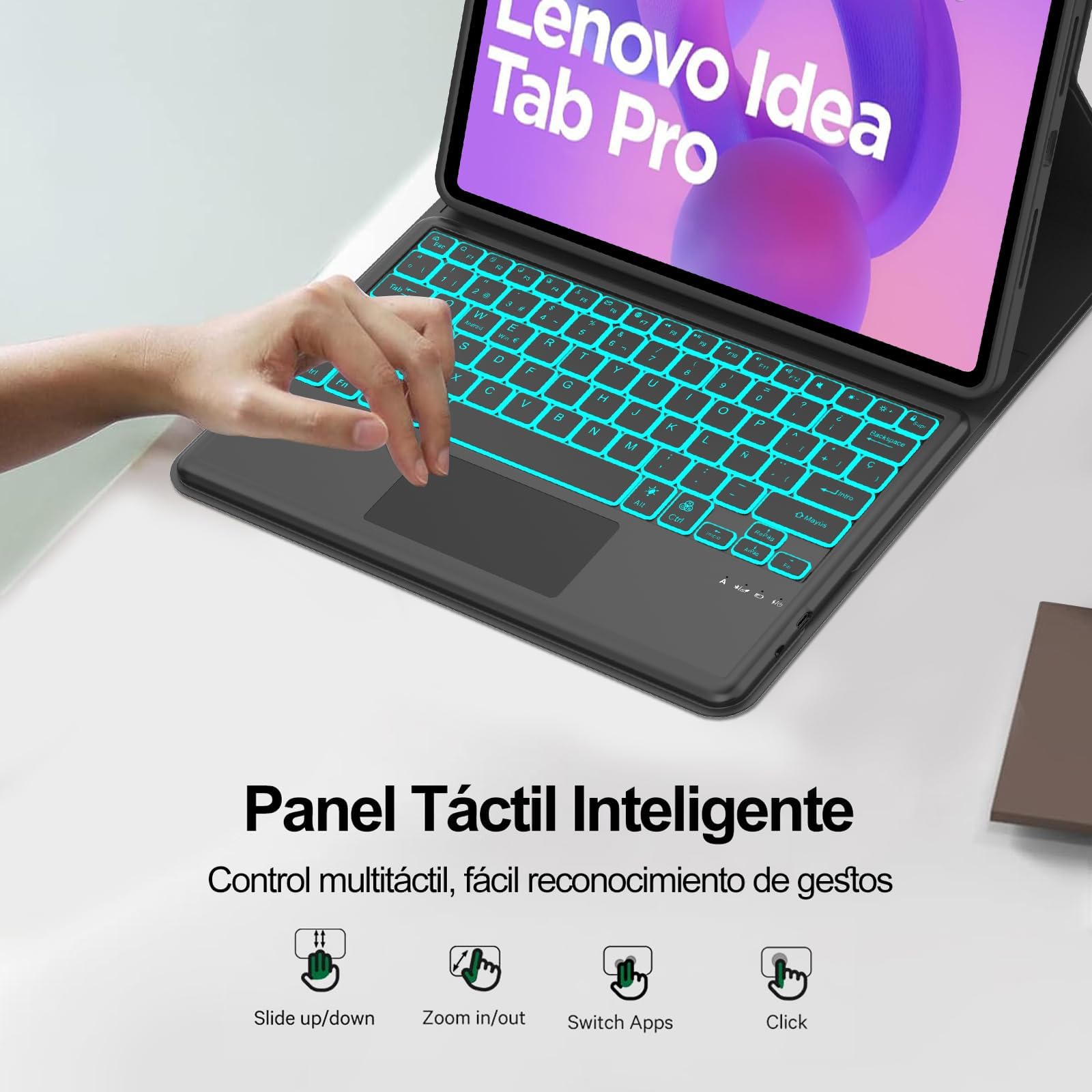 Funda Teclado con Trackpad para Lenovo Idea Tab Pro 12.7 Pulgadas, Español Ñ Teclado Bluetooth Desmontable con Retroiluminación de 7 Colores y Trackpad para Lenovo Idea Tab Pro 2025 12.7", Negro