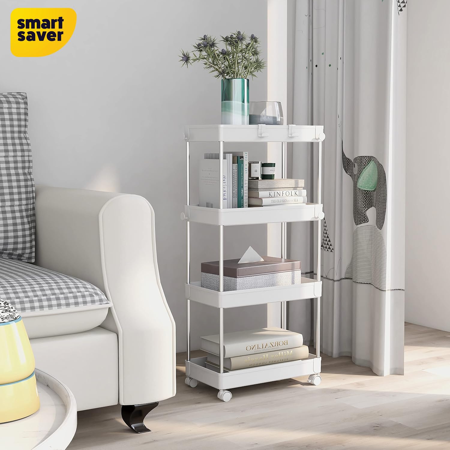 Smart Saver Stainless Steel Storage Multi Utility Trolley cart Caddy, 4-Tier Storage Rack with Wheels, Multifunctional Suitable for Office Kitchen Bathroom, W22 x D40 x H85cm, White 3