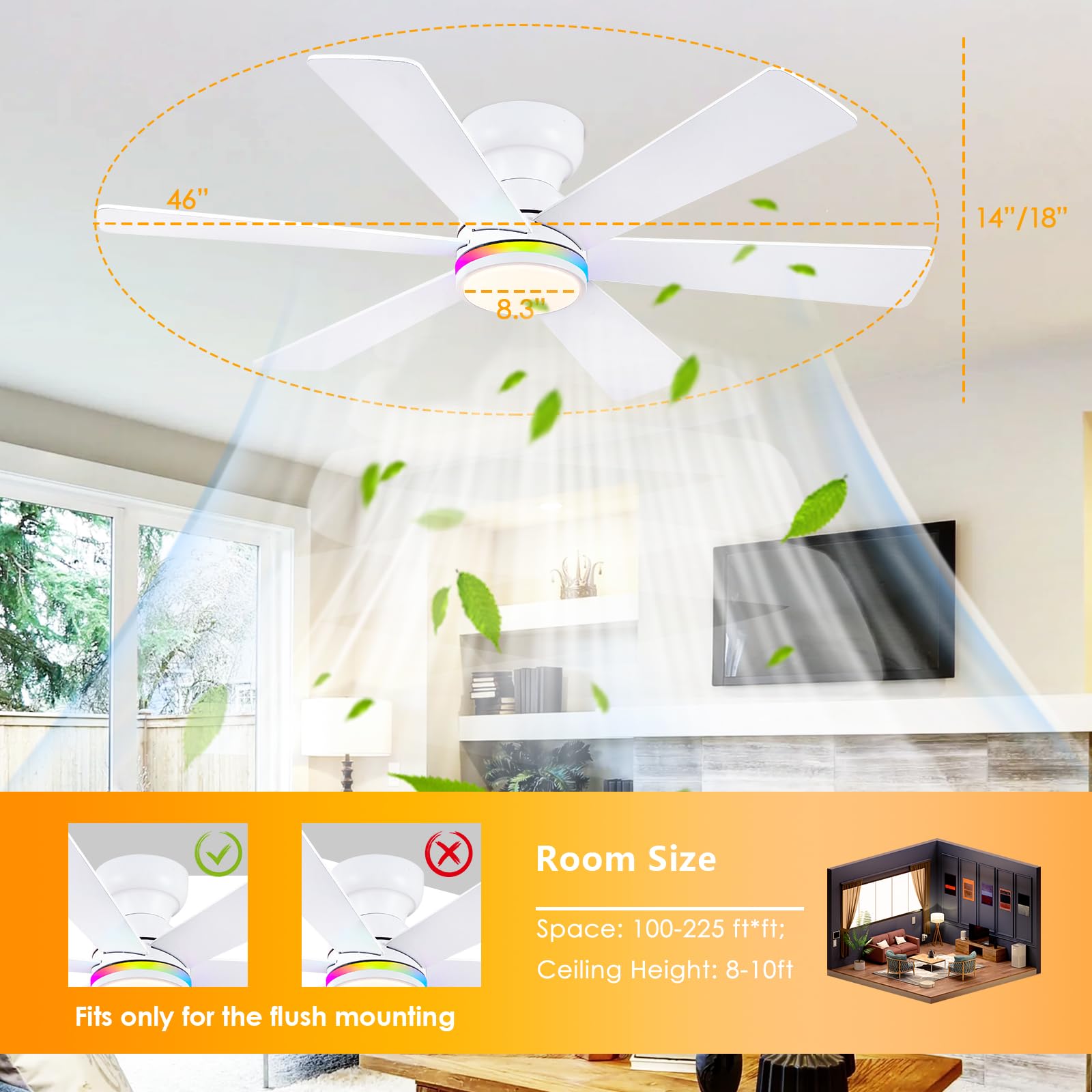 46" Modern Low Profile Ceiling Fan With Light – LED Dimmable, Remote & APP Control, 6 Speeds, Quiet DC Motor, Flush Mount For Bedroom, White