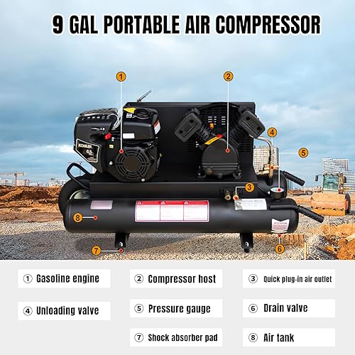 Miniatura 3 de Compresor de aire a gas 6.5HP Bomba de pistón portátil de gasolina de 12CFM, sistema comprimido de aire con presión máxima de 125 PSI y tanque de