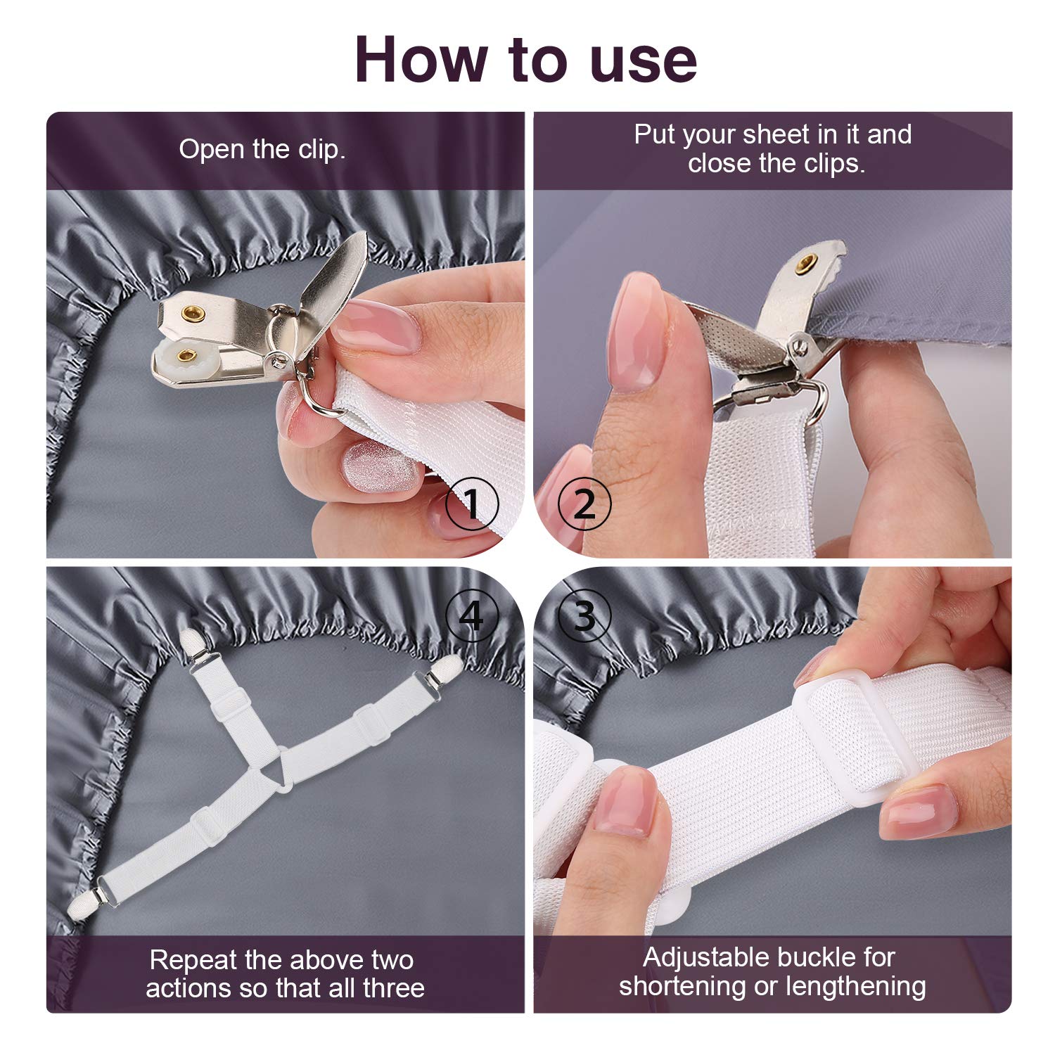 WADEO Clip Forti 8 Pezzi per Lenzuola 8 Pezzi Bretelle di Fissaggio con Pinze Regolabili a Triangolo 3-Modi per Lenzuola Letto Ferma Lenzuola Colore Bianco