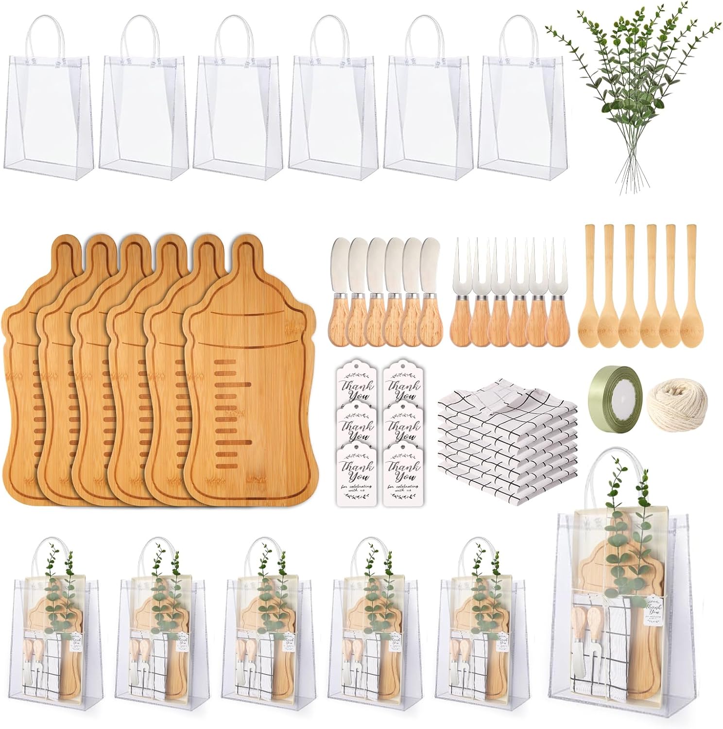 66Pcs Baby Shower Prizes for Game Winners 6 Sets Bamboo Cheese Board Spoon Fork Butter Spreaders Plaid Towel Thank You Card and Gift Bags for Baby Shower Wedding Bridal Shower Favors (Bamboo Color)