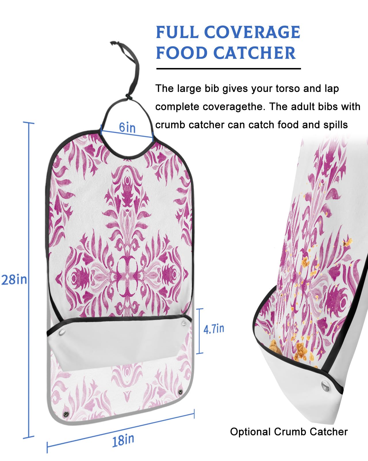 Pink Mandala Flower Adult Bibs for Eating, Waterproof Bibs with Food Catcher & Adjustable Snap Closure, Boho Ethnic Geometric Abstract Art Washable Clothing Protectors Adult Bibs for Elderly Women/Men