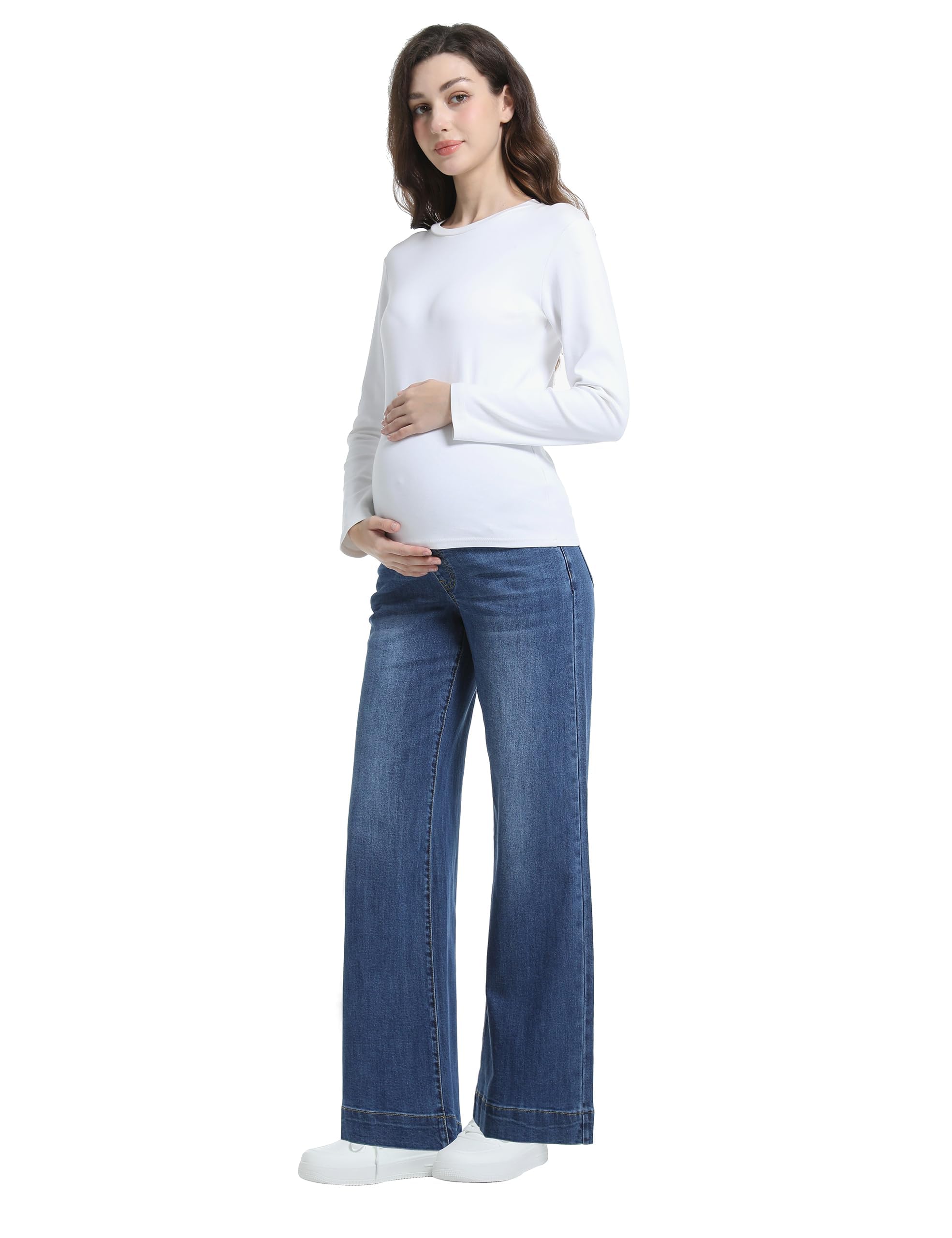 Damen Umstandsjeans mit Weitem Bein über dem Bauch Jean Umstandshose Denim Schwangerschaftsjeans mit Taschen