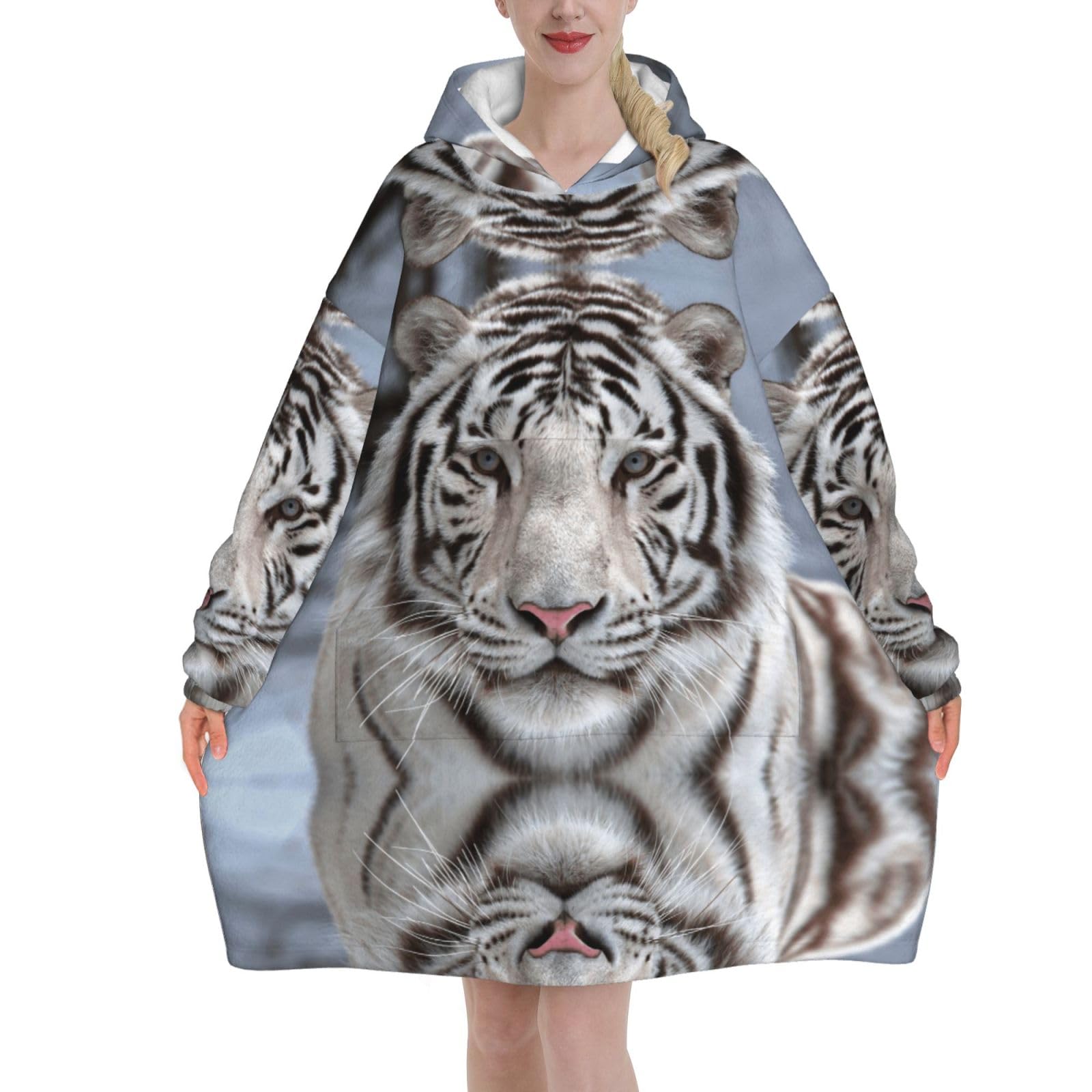 Poadnly Unisex As Picture White Tiger,Women's Oversized Wearable Blanket Hoodie, Blanket Sweatshirt,Flannel Pullover Blanket