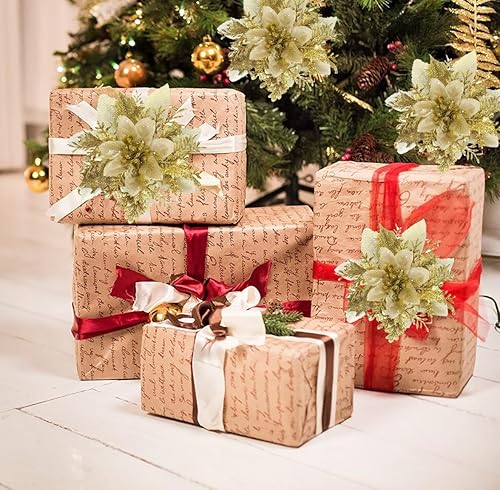 Miniatura 6 de 16 flores de Pascua artificiales de Navidad, decoración de flores de árbol de Navidad, decoración de Navidad con purpurina, adornos dorados para