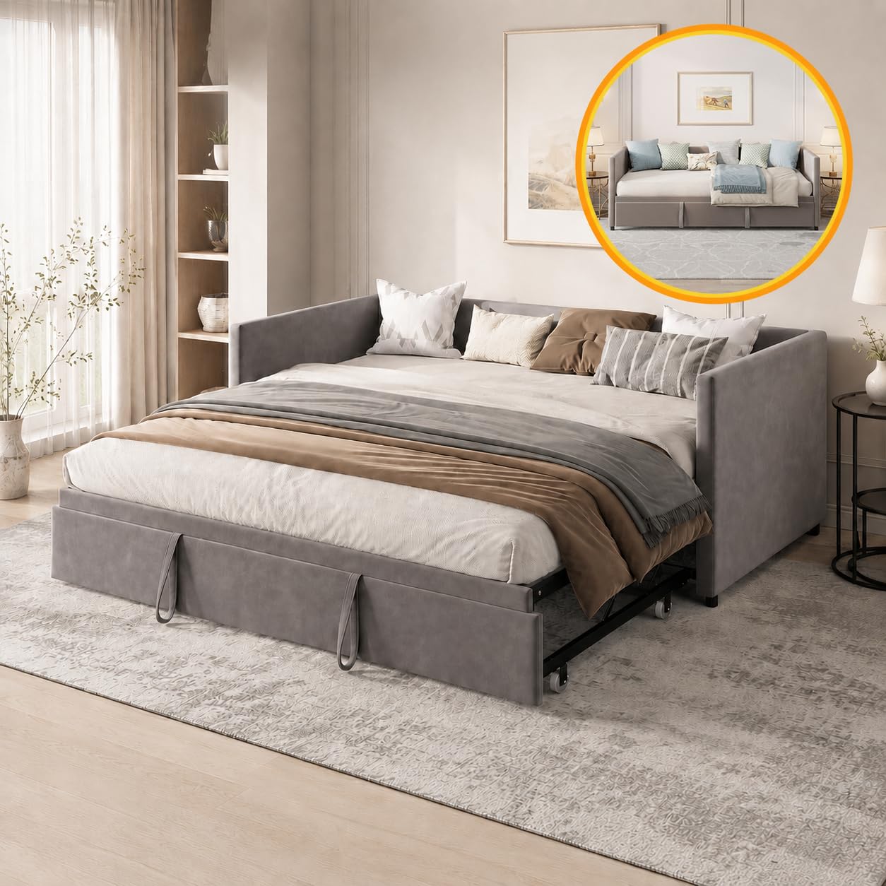 Schlafsofa Ausziehbar 90/180x200cm,Gästebett Tagesbett mit Lattenrost,Grau | Schlafcouch Polsterbett für Schlafzimmer Wohnzimmer,Ausziehbar zum Doppelbett,für Kleine Räume,Multifunktionsbett,Samtstoff