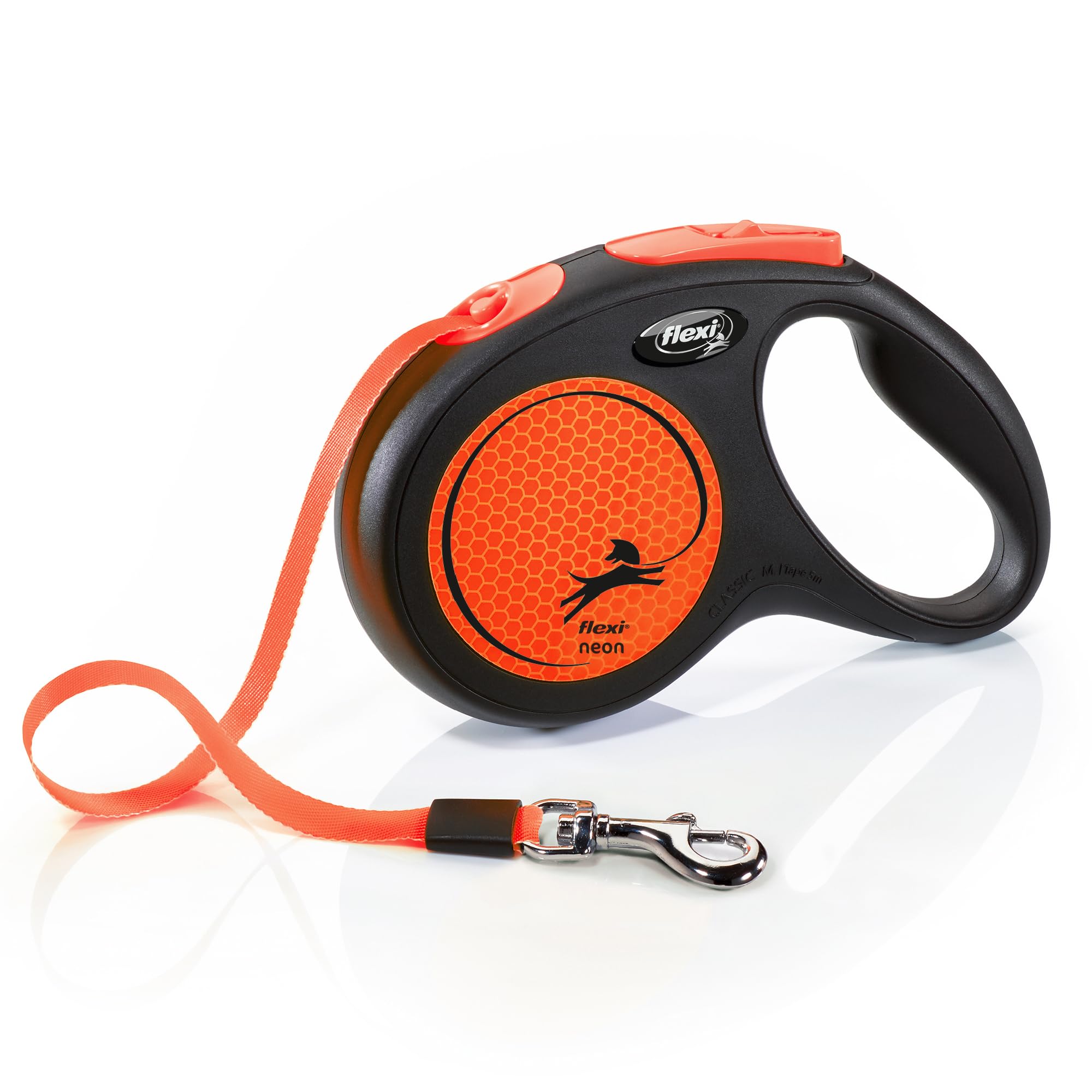 flexi® NEON M Hunde Roll-Leine, 5m Gurt, schwarz/neon-orange