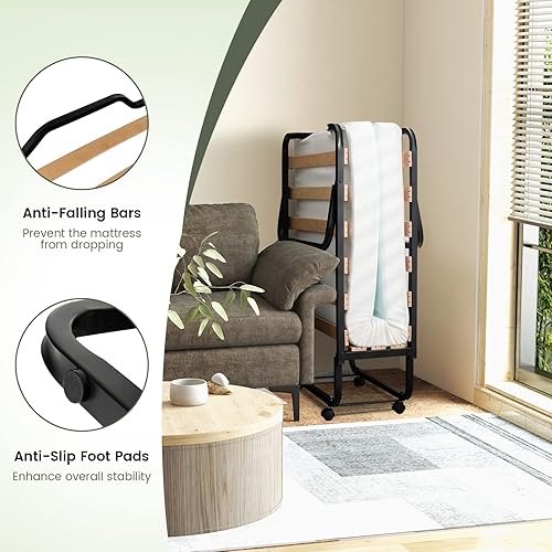 Miniatura 7 de KOMFOTT Cama plegable con colchón de espuma viscoelástica de 4 pulgadas, cama plegable para invitados con marco de acero resistente, cuna portátil