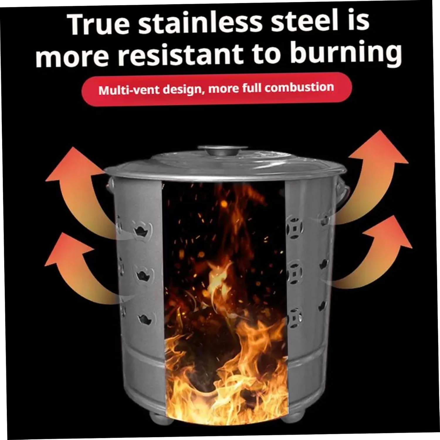 Burn Cage Burn Barrel, Stainless Steel Cage with Lid & Handle Outdoor Incinerator Can Safe Fire Pit Bin for Yard Waste, Leaves, Paper & Cardboard, Silver