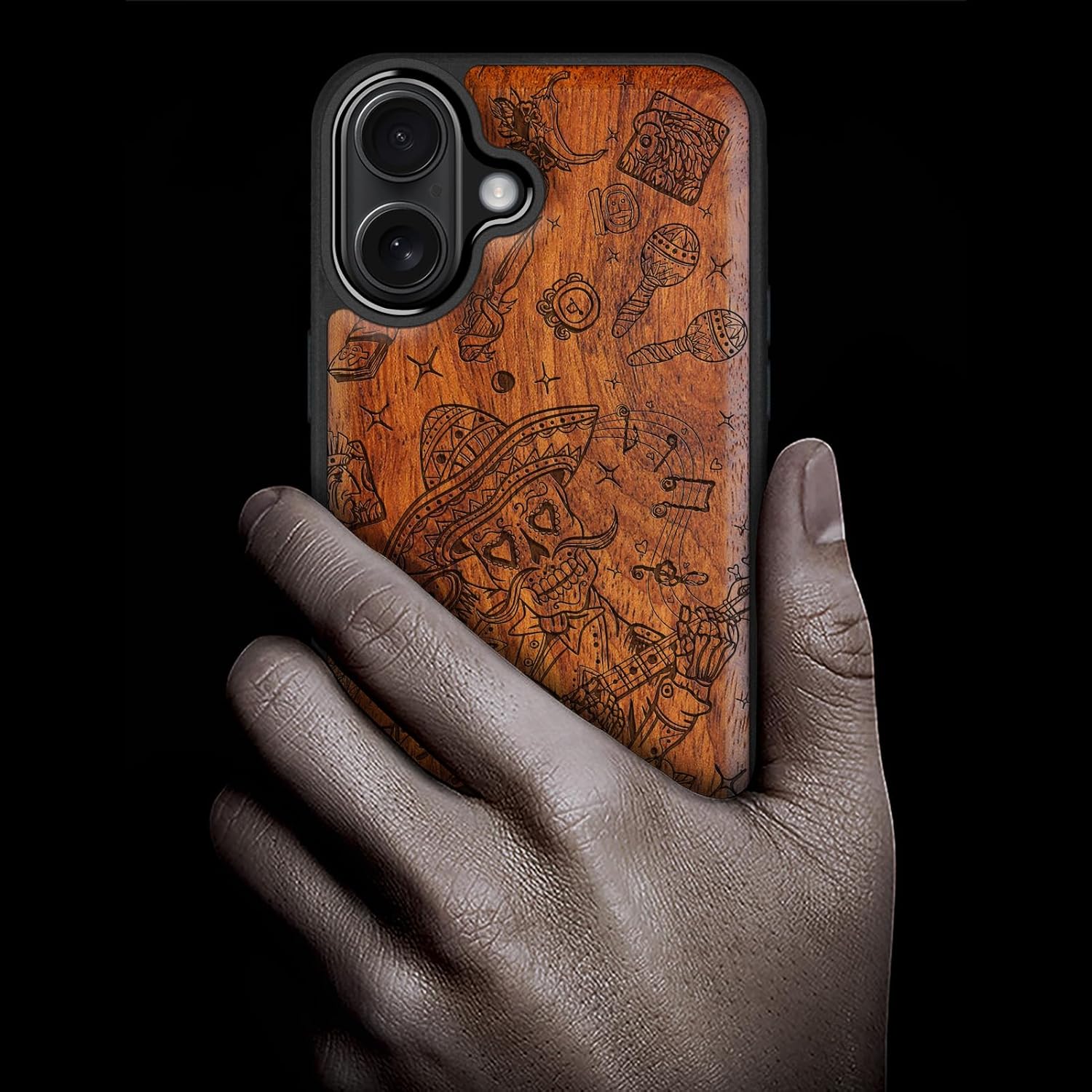 Carveit Magnetic Wooden Case for iPhone 16 Case, Wood Artisan Engraved & Black Soft TPU Shockproof Cover, Compatible with MagSafe Wireless Chargers (Skeleton with Guitar) Rosy