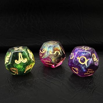 Bescon 3 Pieces Astrological Dice Set, Constellation Divination D12 Dice, 3 Colors Magical Stone Effect