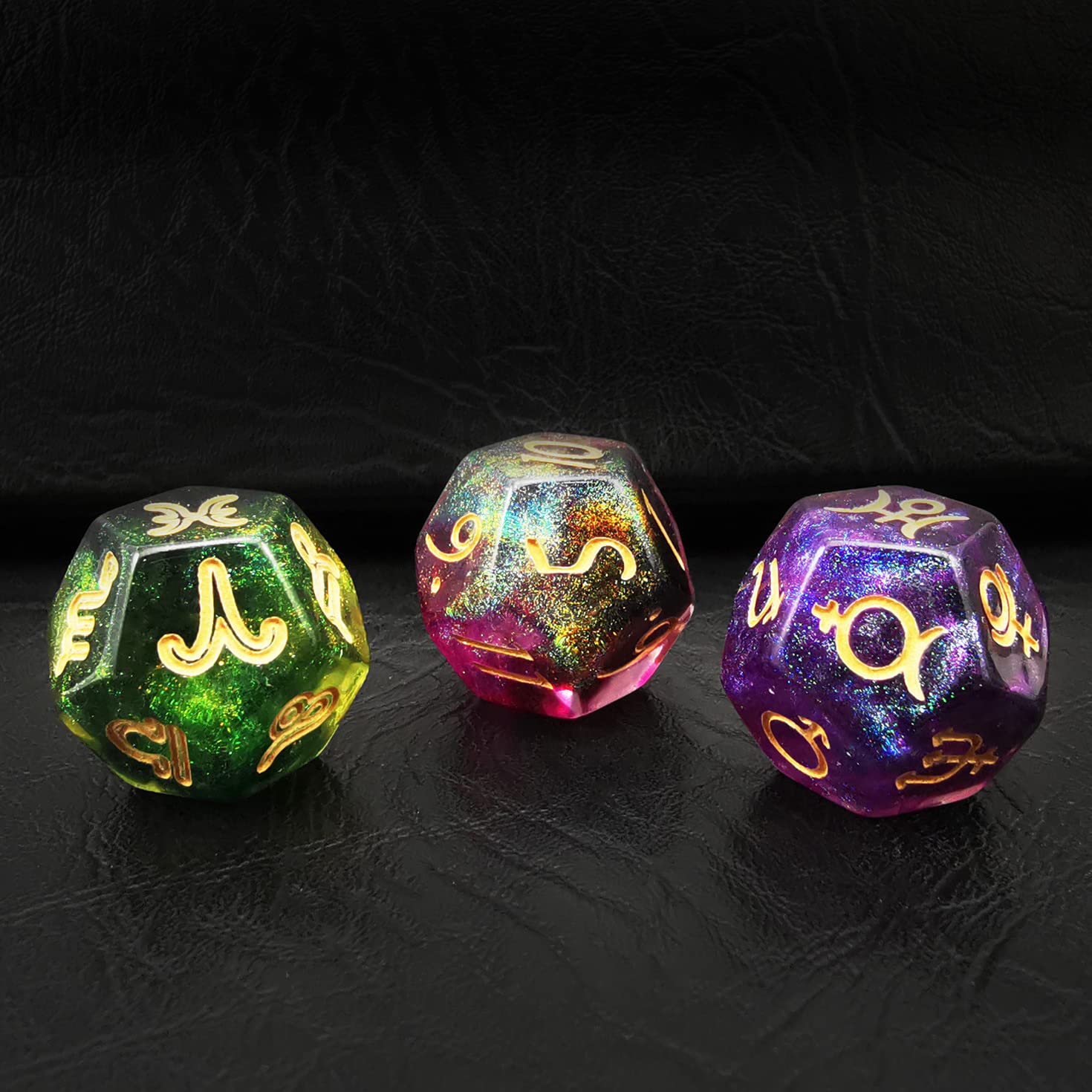 Bescon 3 Pieces Astrological Dice Set, Constellation Divination D12 Dice, 3 Colors Magical Stone Effect