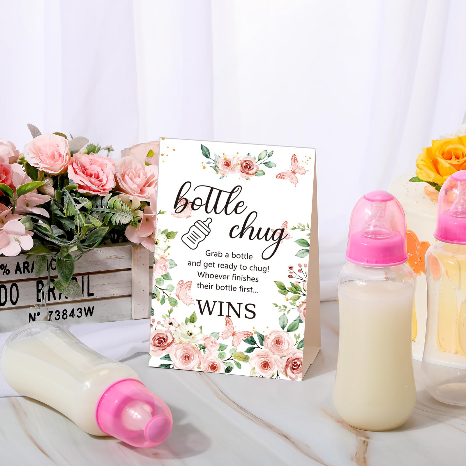 TrelaCo Cool Baby Shower Games 12 Pcs Baby Bottles and Bottle Chug Sign Greenery Baby Gift Sets Gender Reveal Party Favors Shower Favor for Baby Shower Games Gender Reveal (Flowers)